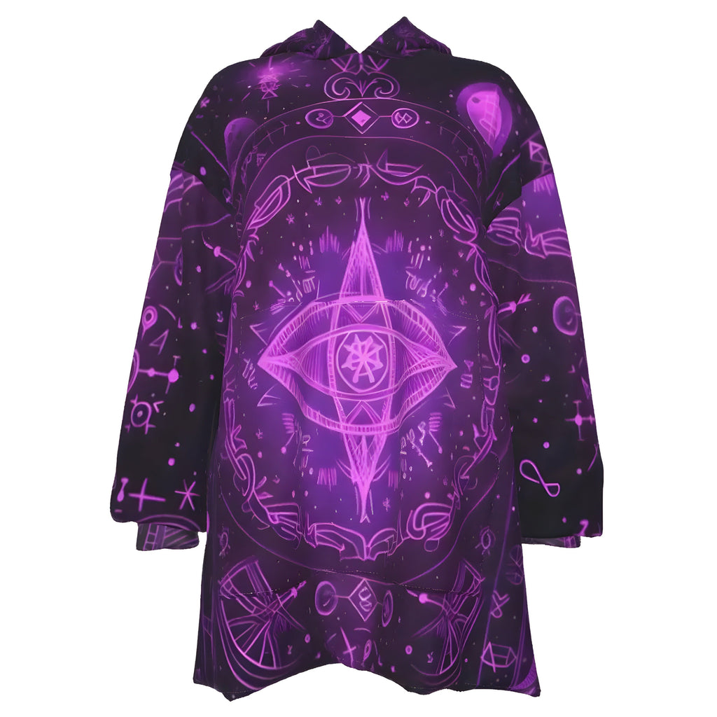 Mystical Fantasy Sherpa Fleece Hoodie, All Seeing Eye Hoodie, Purple Magic Symbols Jacket, Psychedelic Hooded Outerwear, Spiritual Festival Wear, Witchcore Clothing, Boho Mystic Fashion