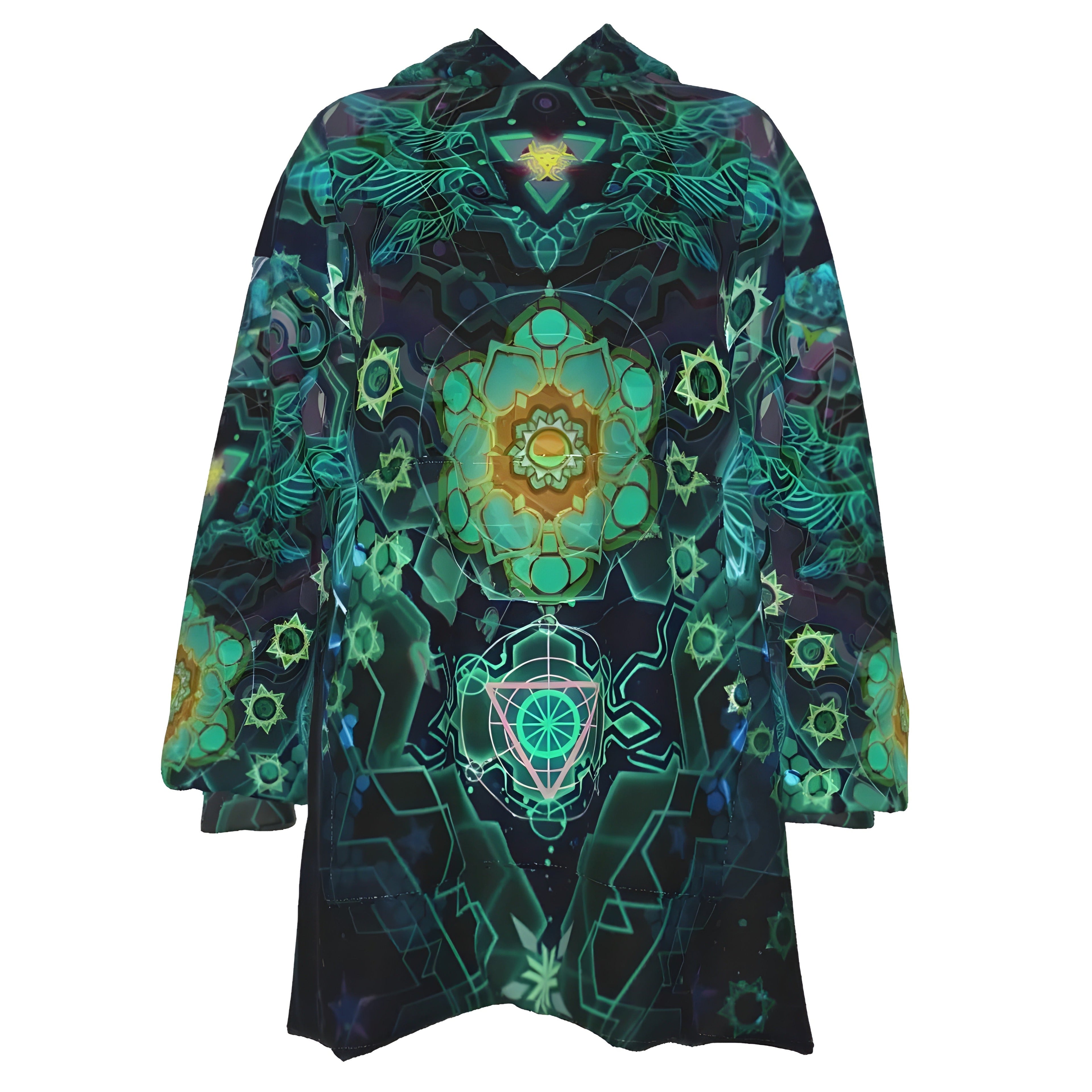 Yantric Geometry Sherpa Fleece Hoodie, Sacred Geometry Hoodie, Green Mandala Art Jacket, Psychedelic Hooded Outerwear, Spiritual Festival Wear, Boho Meditation Clothing, Mystic Fashion