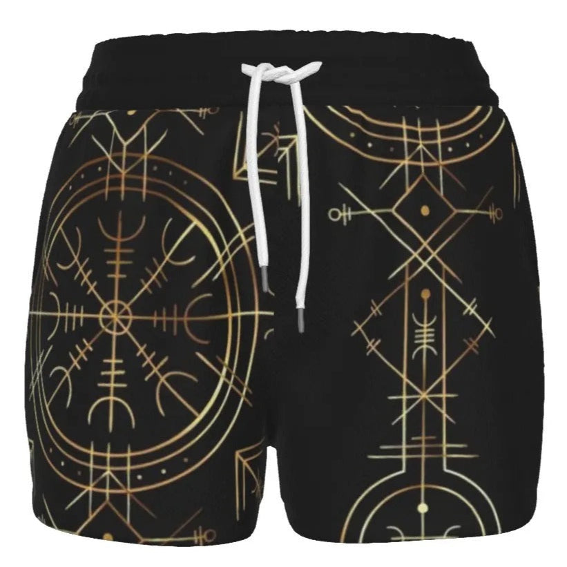 Viking Vegvisir Mysticism Women’s Shorts, Norse Rune Viking Bottoms, Nordic Compass Spiritual Activewear, Viking Sacred Geometry Shorts