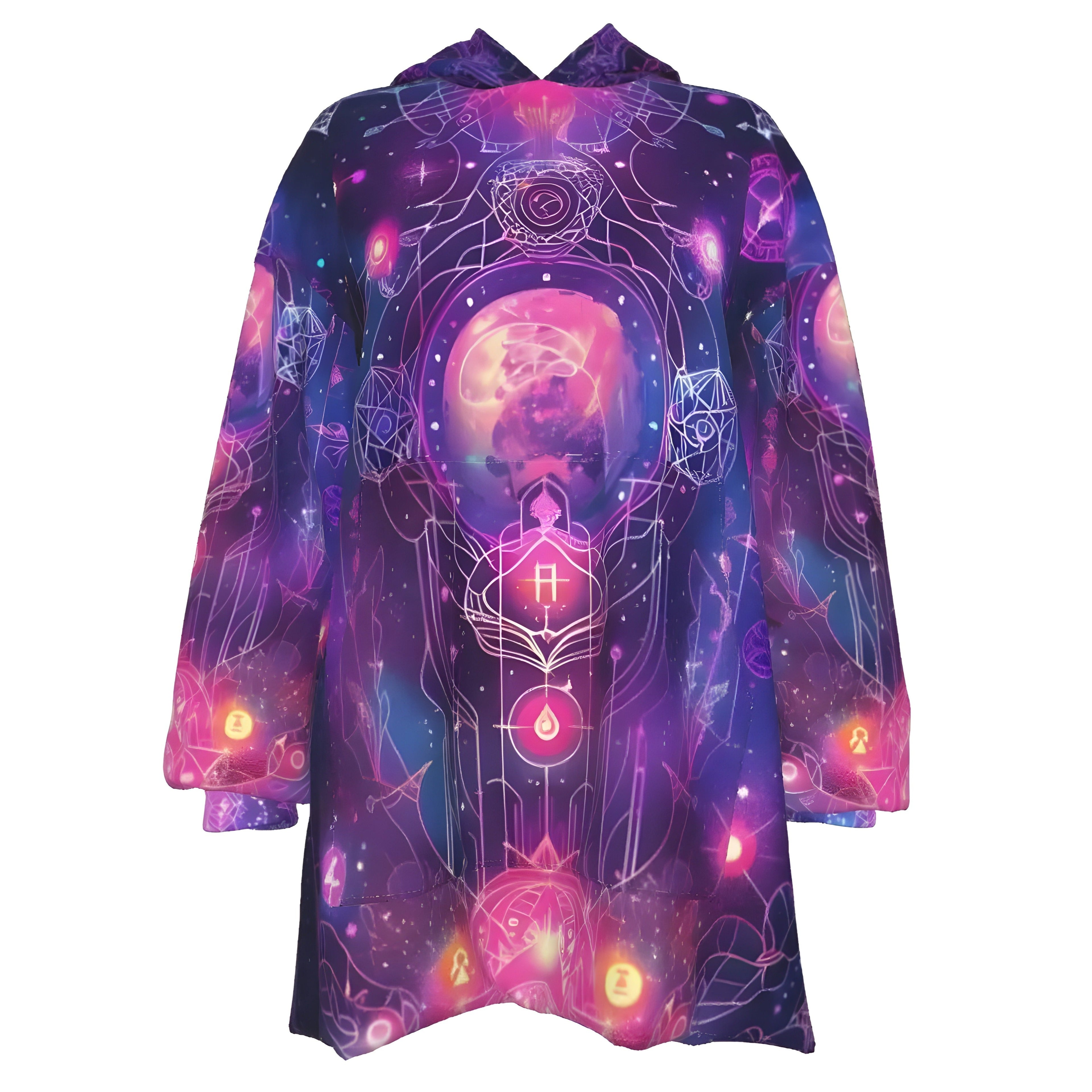 Cosmic Mysticism Sherpa Fleece Hoodie, Galaxy Print Hoodie, Psychedelic Hooded Jacket, Warm Fuzzy Hoodie, Spiritual Festival Wear, Magic Symbols Outerwear, Boho Mystic Clothing
