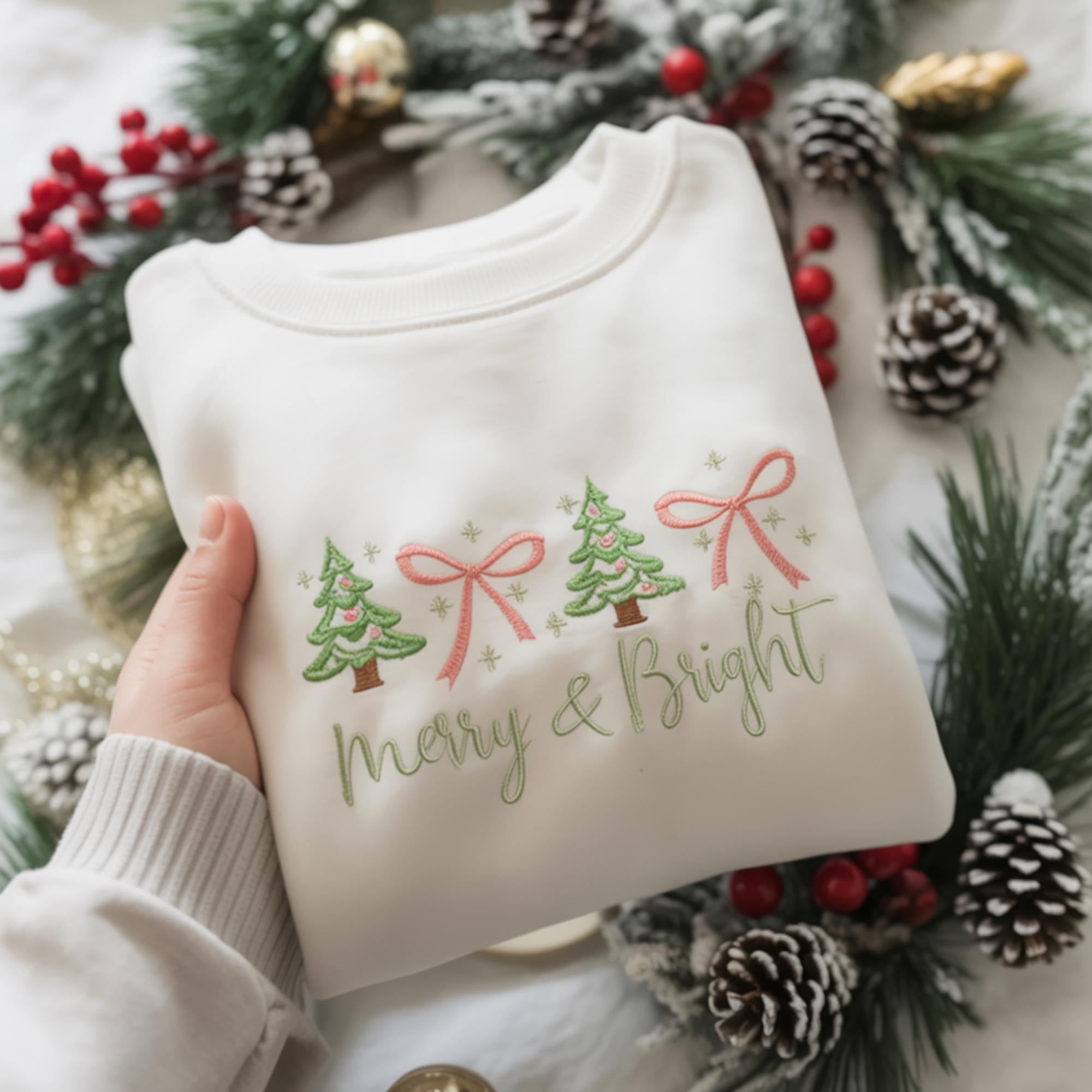 Merry & Bright Embroidered Christmas Sweatshirt, Cute Pastel Xmas Tree Sweatshirt, Holiday Cozy Crewneck Gift for Her, Winter Oufits EBAC67