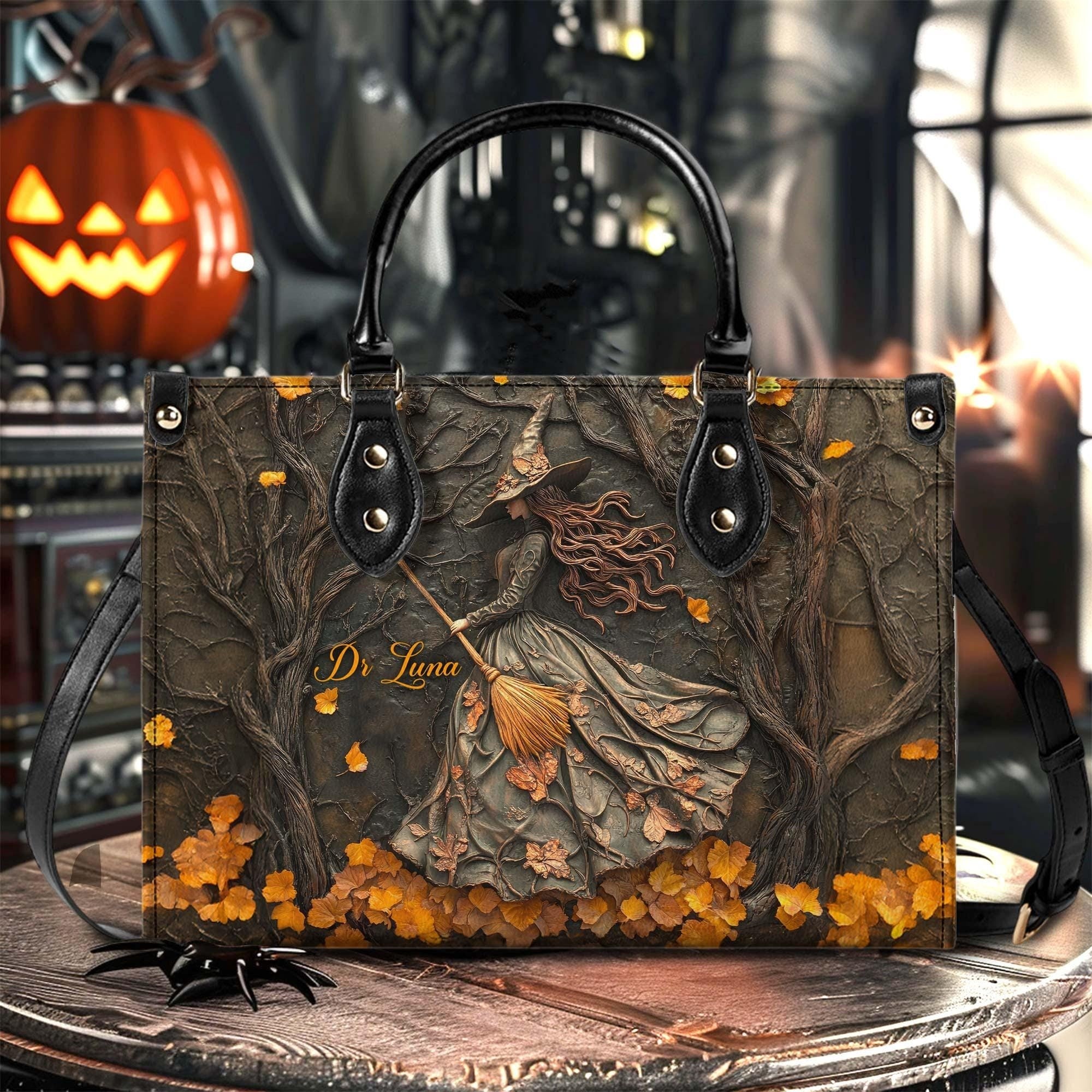 Personalized Witch Art Print Handbag With Handle, Spooky Halloween Bags, Trick Or Treat Halloween Bags, Custom Gifts
