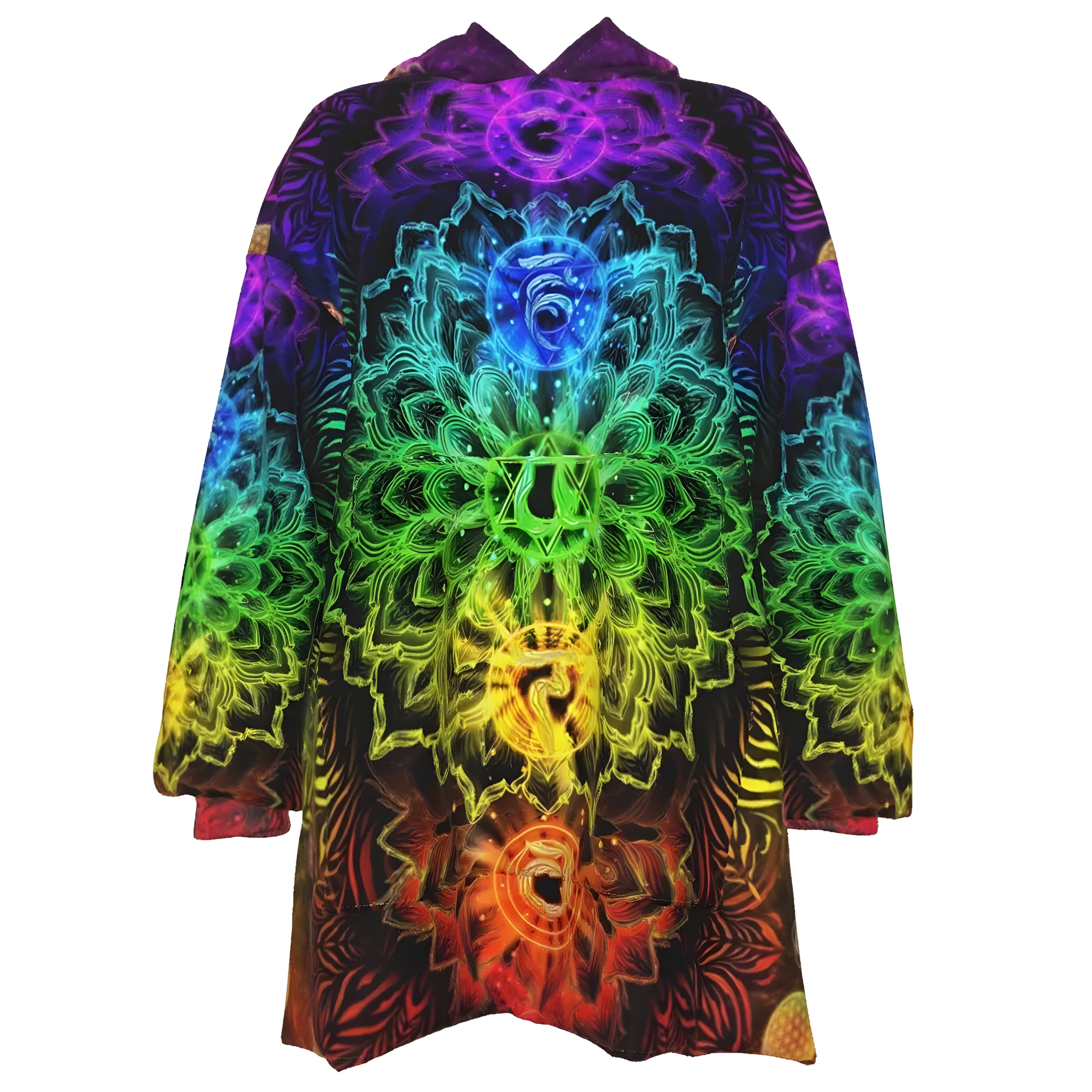 Sacred Chakras Sherpa Fleece Hoodie, Rainbow Chakra Hoodie, Spiritual Energy Jacket, Yoga Meditation Outerwear, Psychedelic Festival Wear, Boho Mystic Clothing, Healing Symbol Fashion