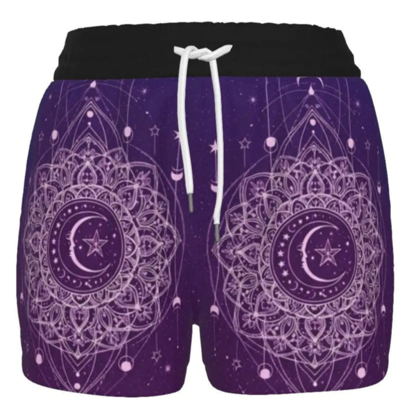 Mystic Lunar Mandala Women’s Shorts, Moon Phase Spiritual Bottoms, Celestial Lotus Print Shorts, Sacred Geometry Cosmic Wear, Boho Mystic Style