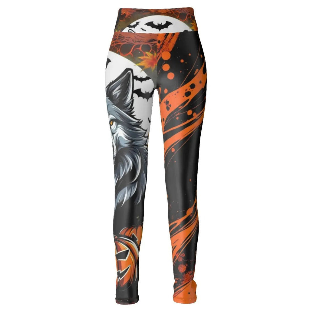 Howling Halloween Costumes Night Wolf Leggings, Spooky Pumpkin Bat Yoga Pants, Halloween Costume Ideas Activewear, Autumn Wolf Tights