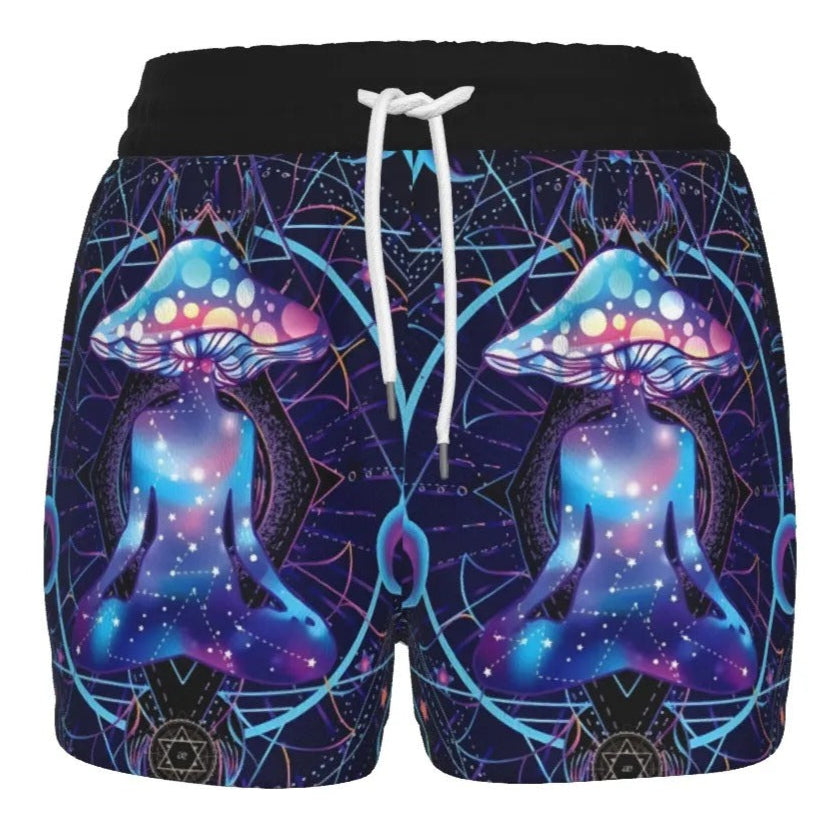 Mystic Mushroom Awakening Women’s Shorts, Psychedelic Spiritual Bottoms, Cosmic Mushroom Print Shorts, Visionary Art Festival Wear, Boho Mystic Style