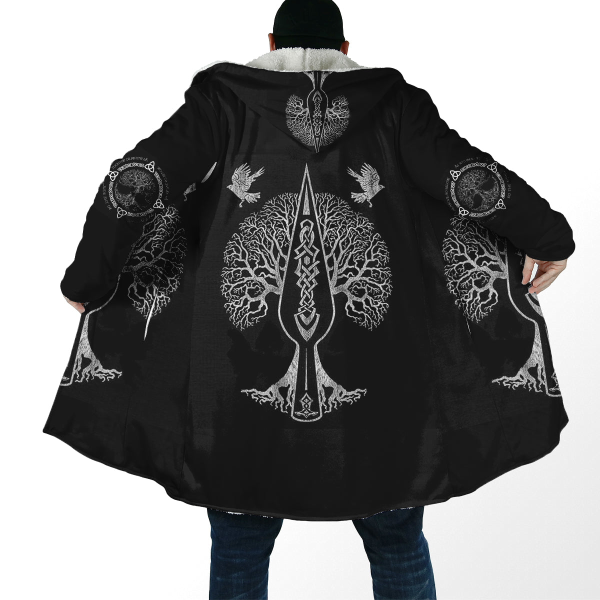 Yggdrasil Viking Cloak, Norse Tree of Life Hooded Robe, Odin’s Spear & Ravens Sherpa Hoodie, Nordic Mythology Warrior Cape