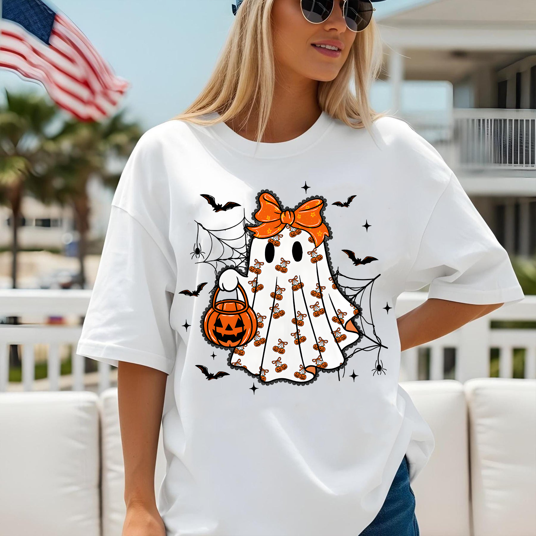 Cute Ghost Halloween Shirt, Kawaii Spooky Girl Tee, Trick or Treat Pumpkin Graphic T-Shirt, Fall Aesthetic Halloween Outfit
