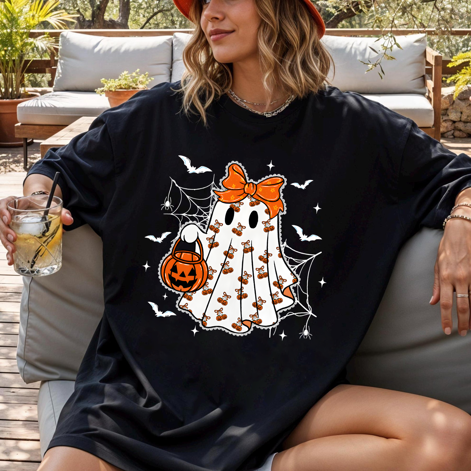 Cute Ghost Halloween Shirt, Kawaii Spooky Girl Tee, Trick or Treat Pumpkin Graphic T-Shirt, Fall Aesthetic Halloween Outfit