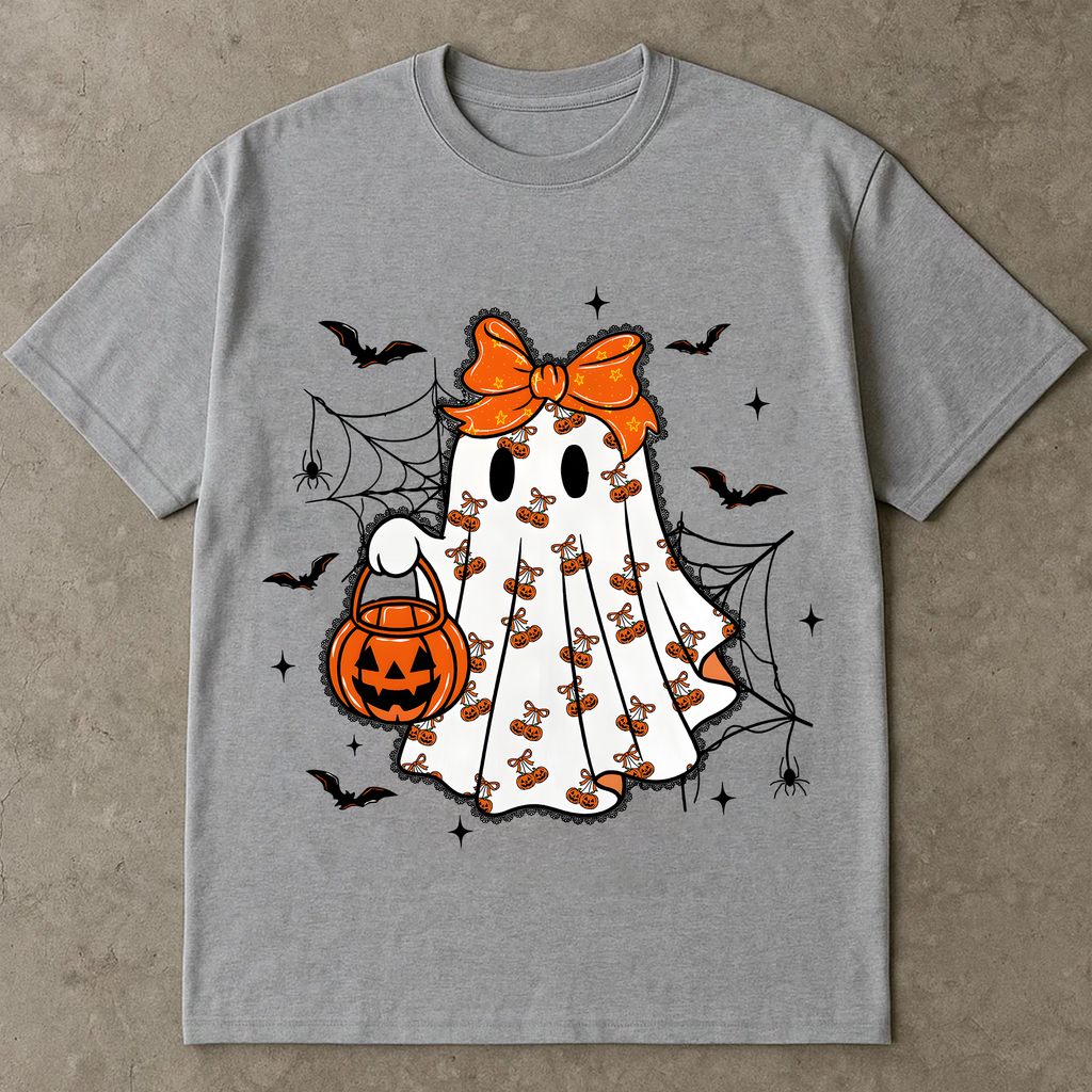 Cute Ghost Halloween Shirt, Kawaii Spooky Girl Tee, Trick or Treat Pumpkin Graphic T-Shirt, Fall Aesthetic Halloween Outfit