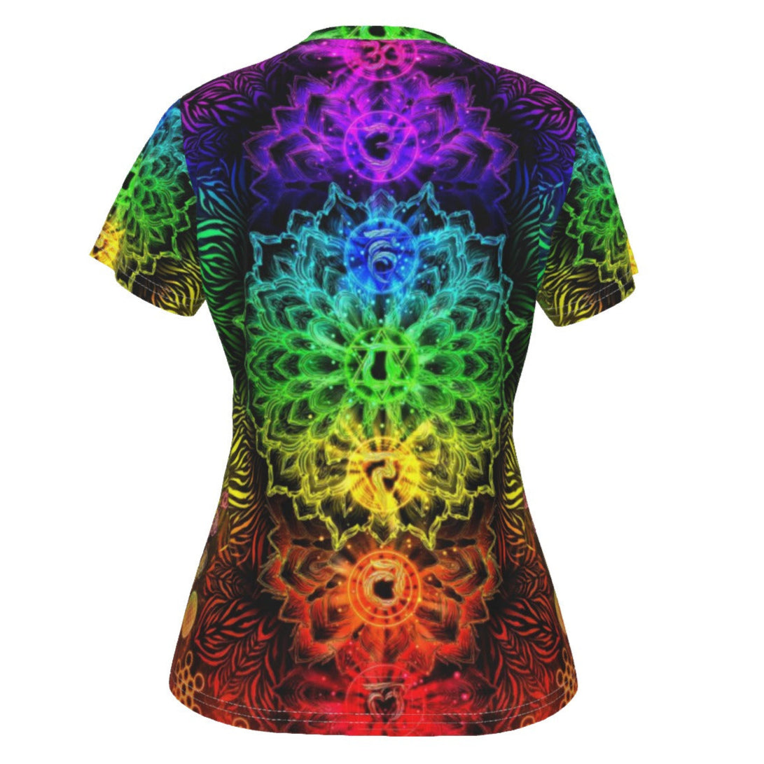 Sacred Chakra Mandala V-neck Women's T-shirt, Vibrant Rainbow Energy Healing V-neck T-shirt, Spiritual Energy Symbol, Colorful Sacred Geometry V-neck , Mandala  V-neck T-shirt