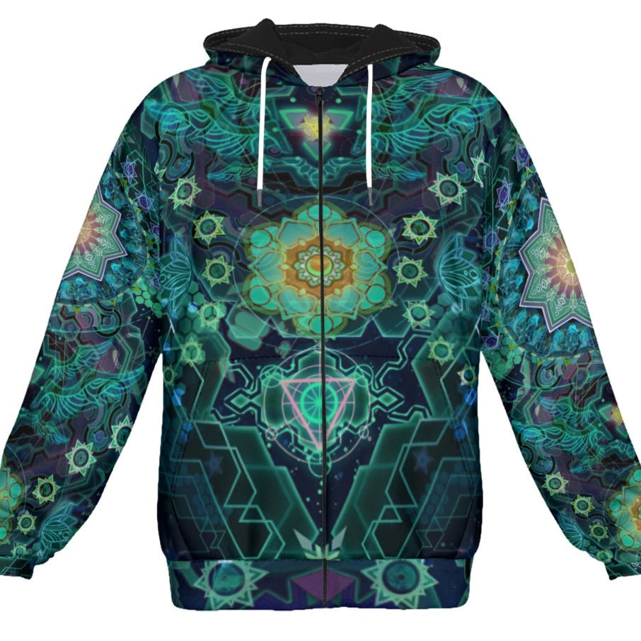 Yantric Geometry Zip Hoodie, Sacred Mandala Energy Zip Hoodie, Mystic Geometric Light Zip Hoodie, Vibrant Spiritual Pattern Zip Hoodie, Celestial Yantra Zip Hoodie