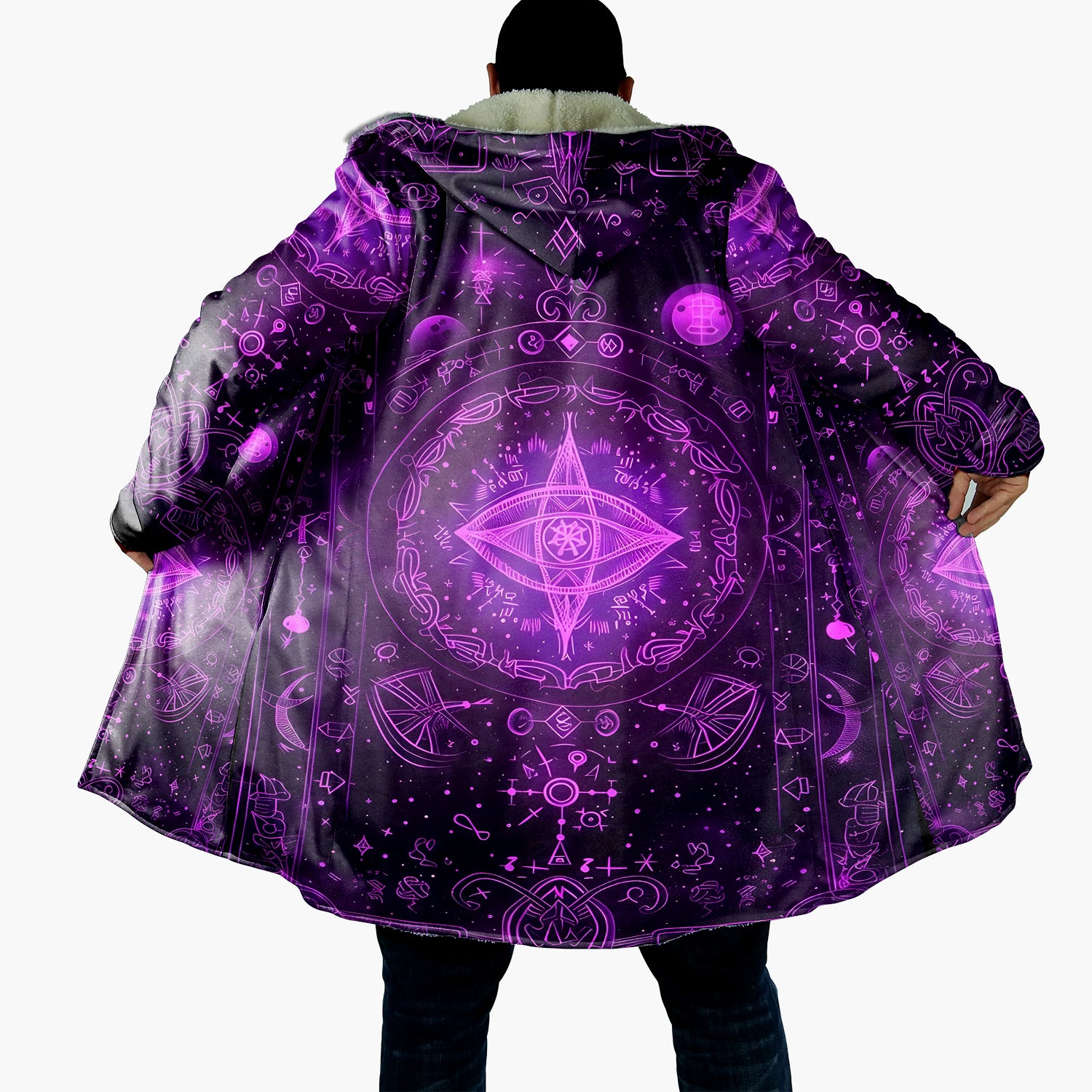 Mystical Fantasy Cloak, Arcane Magic Symbol Cloak, Witchcore Celestial Light Cloak, Vibrant Occult Energy Cloak, Esoteric Purple Spell Cloak