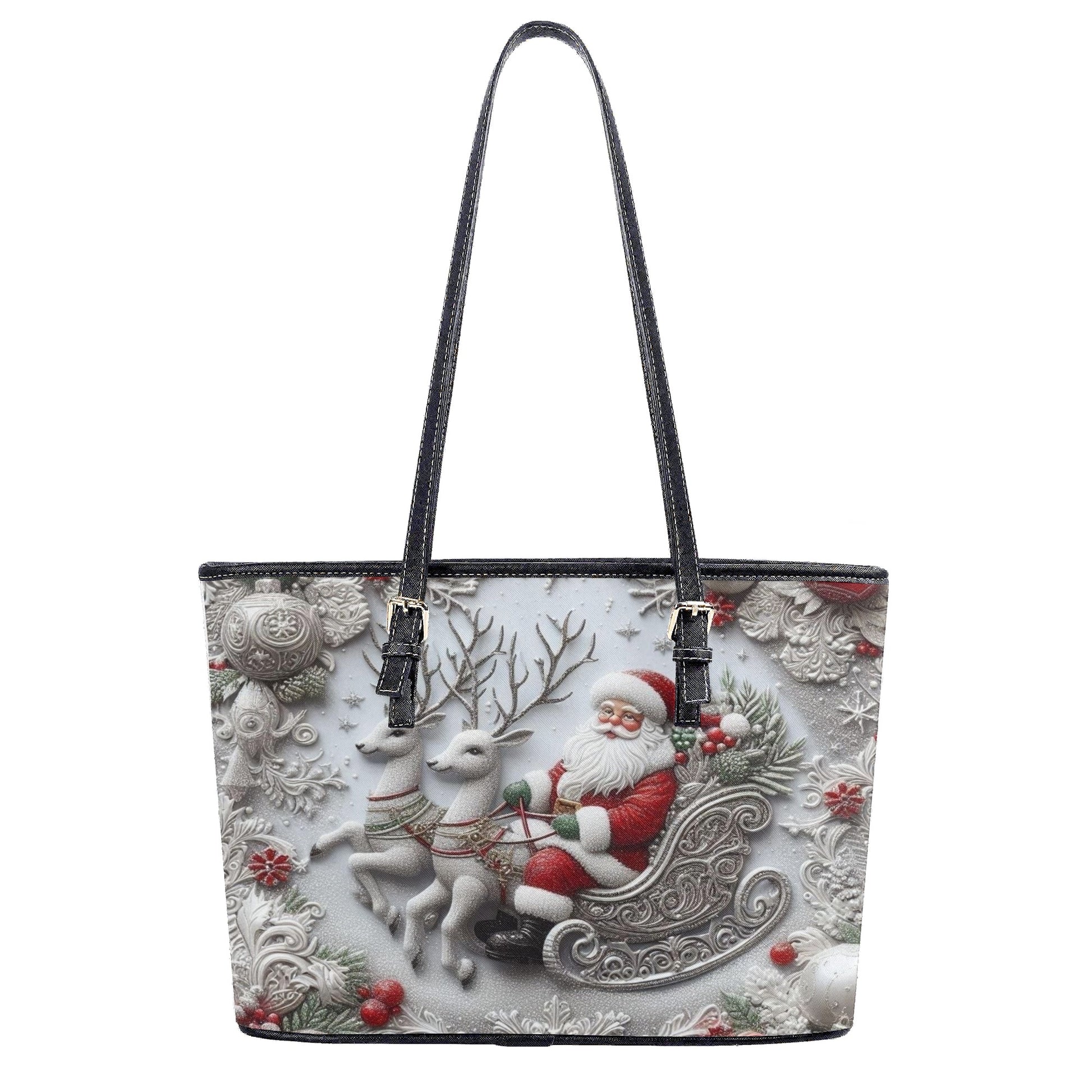 Santa Sleigh Ride Christmas Handbag, Vintage Holiday Purse, Reindeer & Snowflake Print Tote Bag, Christmas Gift for Her