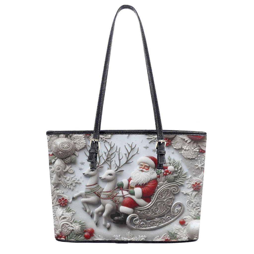 Santa Sleigh Ride Christmas Handbag, Vintage Holiday Purse, Reindeer & Snowflake Print Tote Bag, Christmas Gift for Her