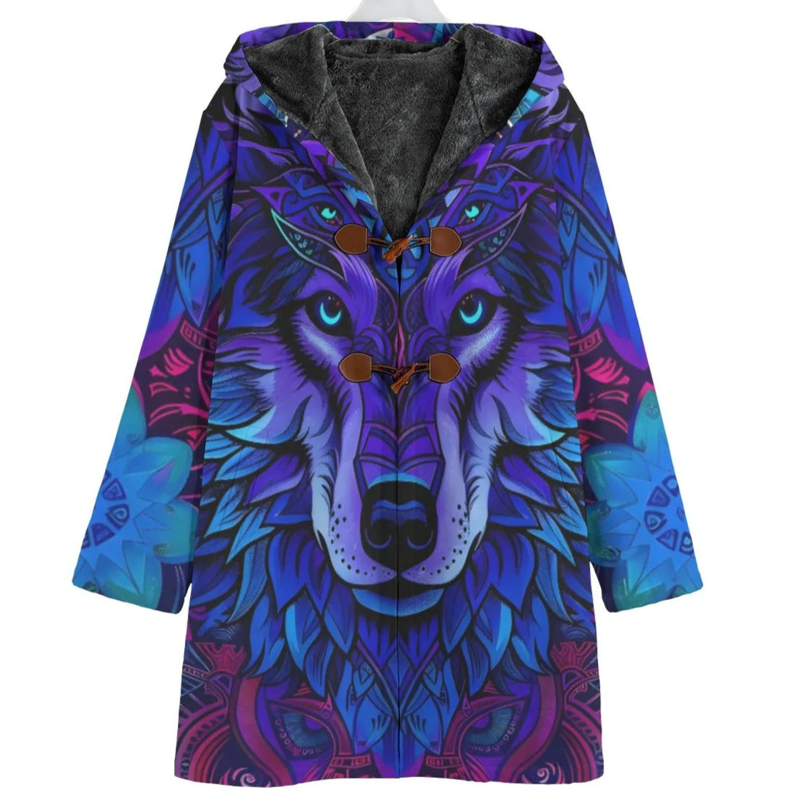 Wolf Mandala Hoodie Coat, Boho Tribal Wolf Cloak, Purple Spiritual Animal Jacket, Warm Fleece Lined Winter Wear