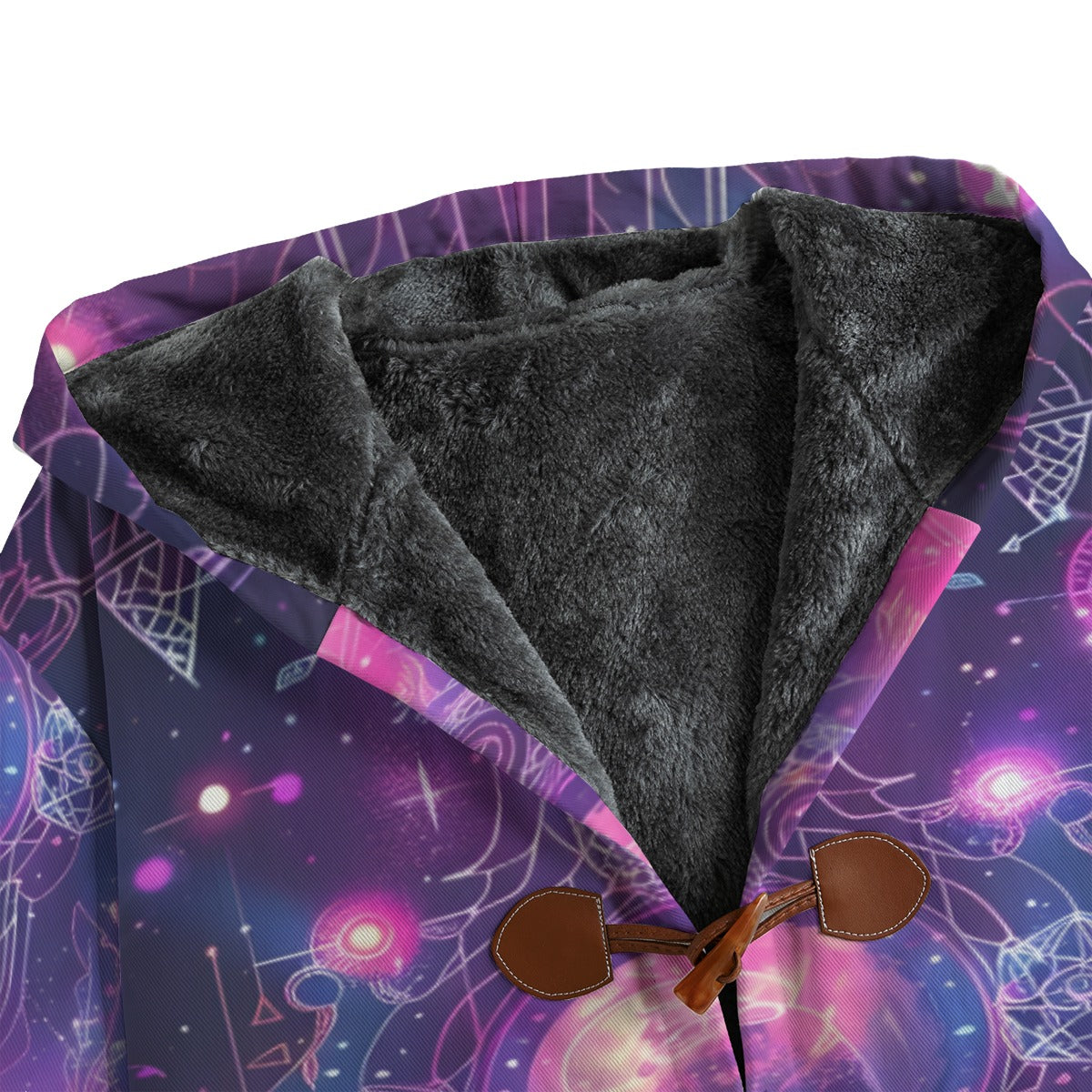 Cosmic Mysticism Coat, Galaxy Print Jacket, Psychedelic Outerwear, Magic Symbols Hooded Coat, Spiritual Festival Wear, Boho Mystic Clothing, Warm Fleece Lined Coat