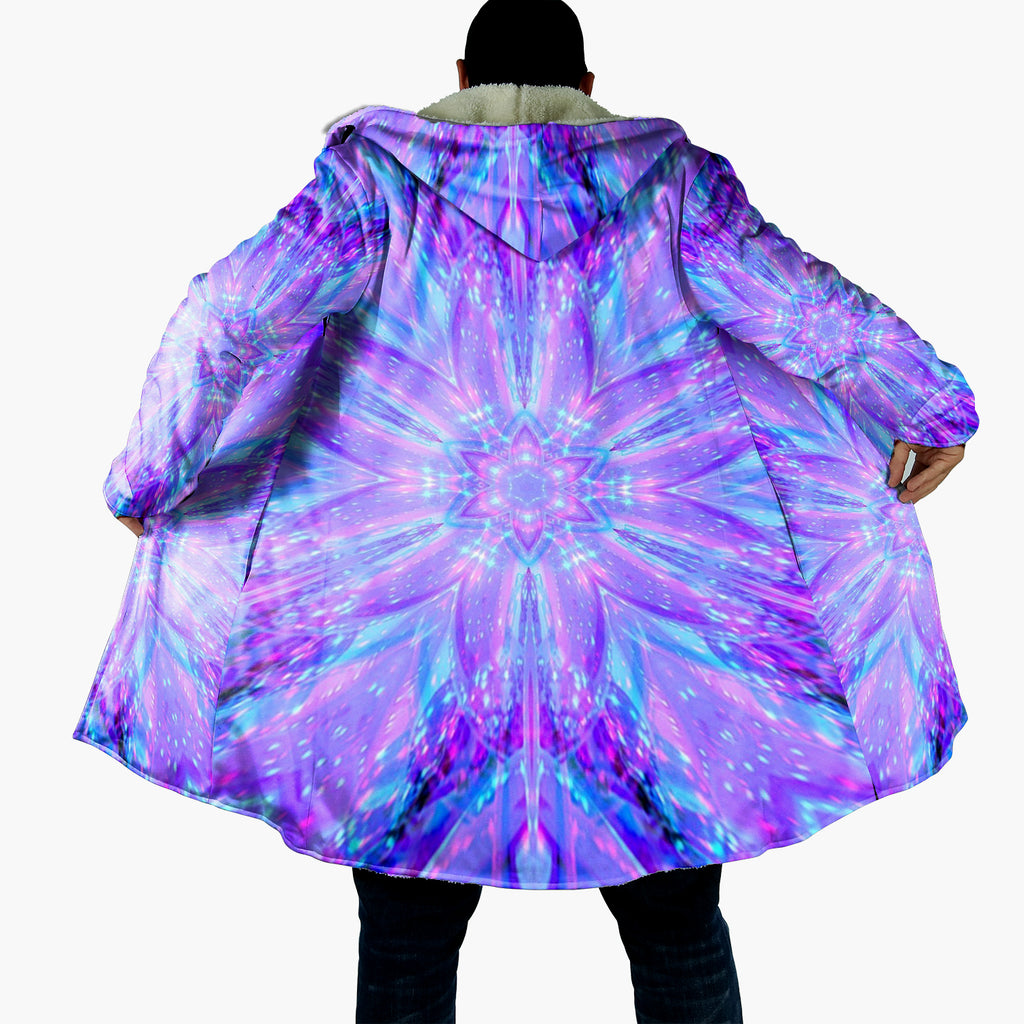 Kaleio Galaxy Cloak, Trippy Psychedelic Hooded Cape, Holographic Space Mandala Robe, Cosmic Festival Wizard Cape for Raves