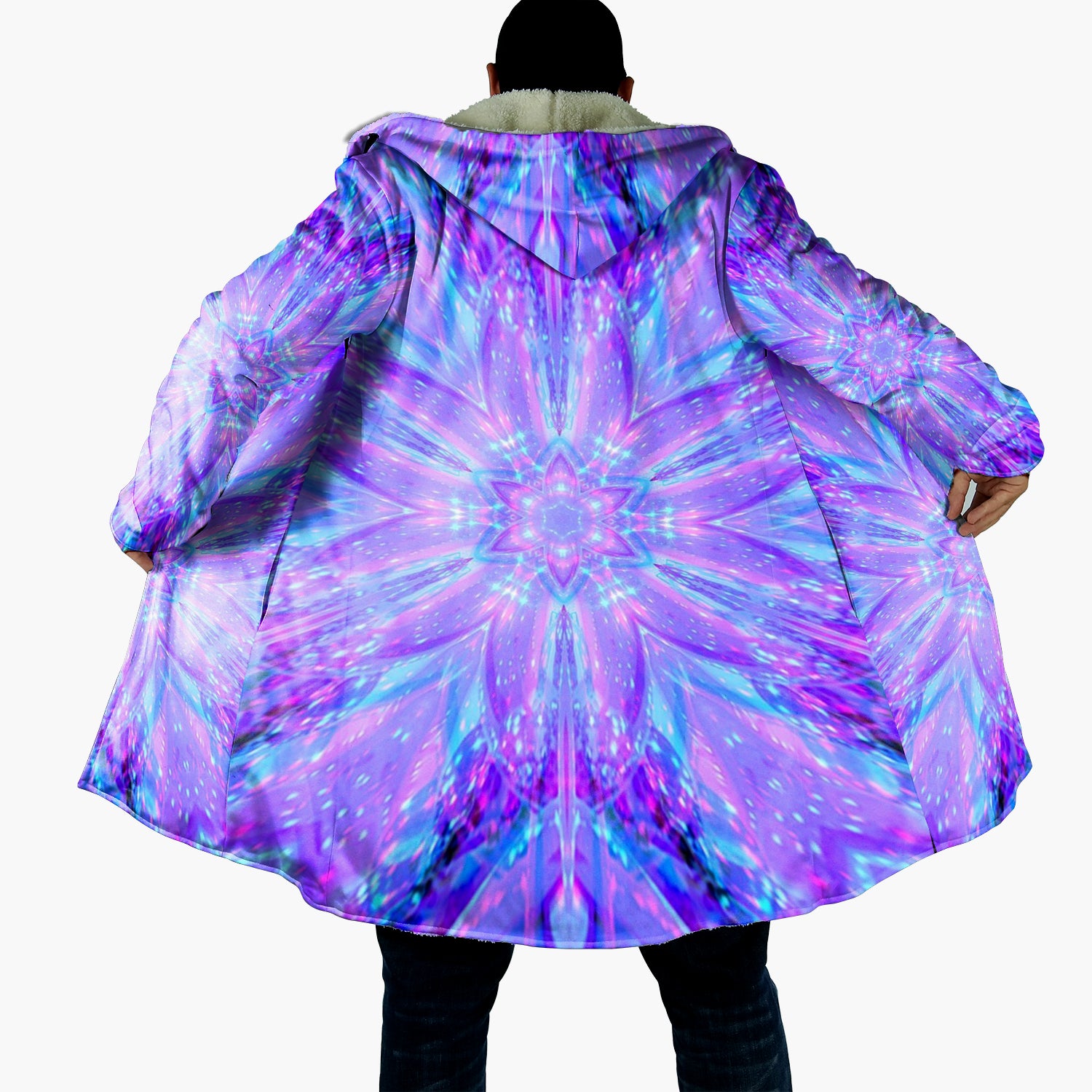 Kaleio Galaxy Cloak, Trippy Psychedelic Hooded Cape, Holographic Space Mandala Robe, Cosmic Festival Wizard Cape for Raves