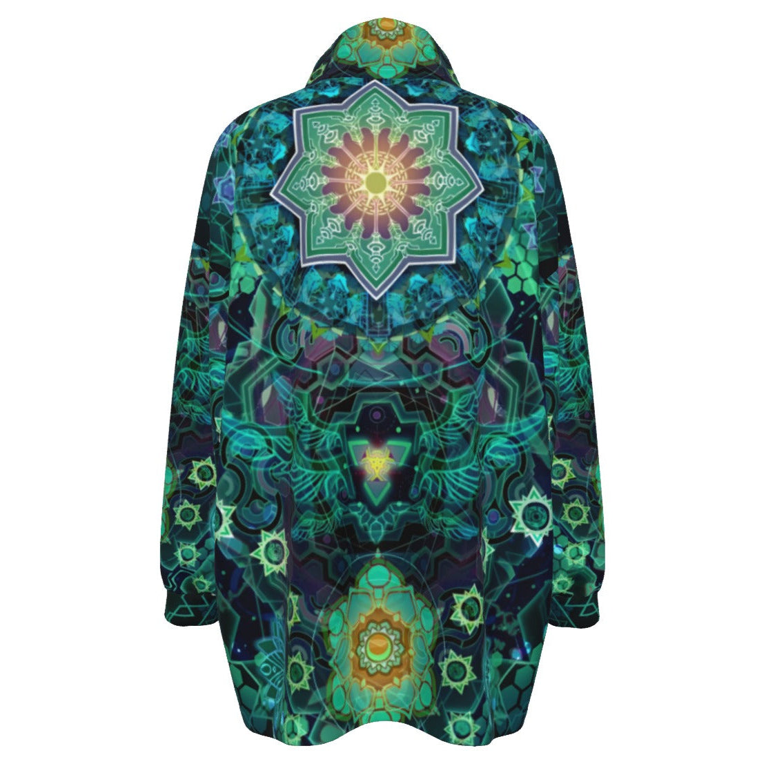 Yantric Geometry Coats Women, Sacred Mandala Energy Coats, Mystic Geometric Light Coats, Vibrant Spiritual Pattern Coats, Celestial Yantra Coats