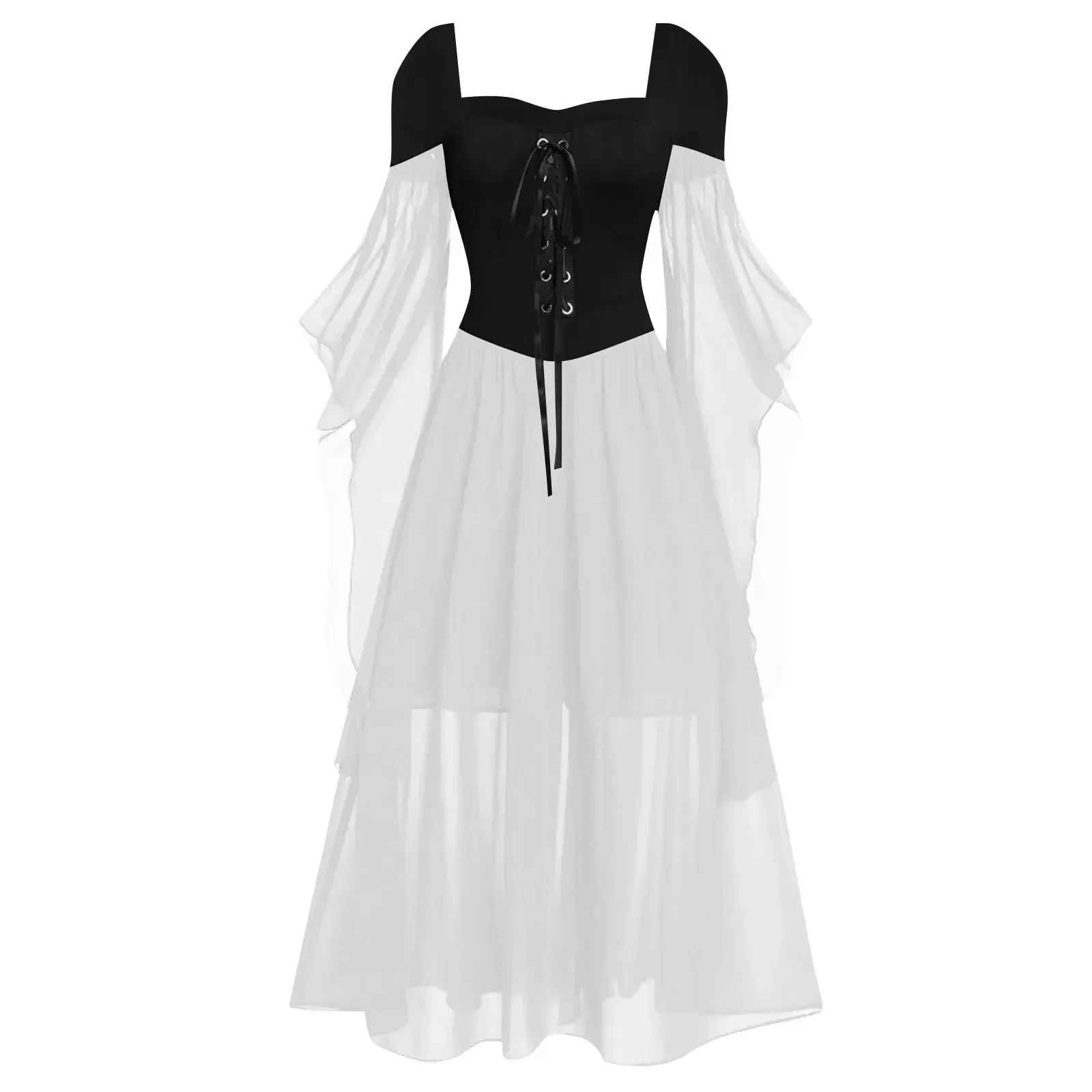 Halloween Costumes, Plus Size Gothic Witch Halloween Costume for Women, Vintage Medieval Cold Shoulder Dress, Butterfly Sleeve Carnival Party Outfit