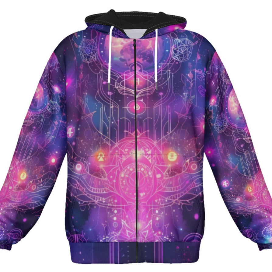 Cosmic Mysticism Zip Hoodie, Celestial Portal Energy Zip Hoodie, Astral Light Symbol Hoodie, Vibrant Metaphysical Galaxy Zip Hoodie, Spiritual Geometry Zip Hoodie