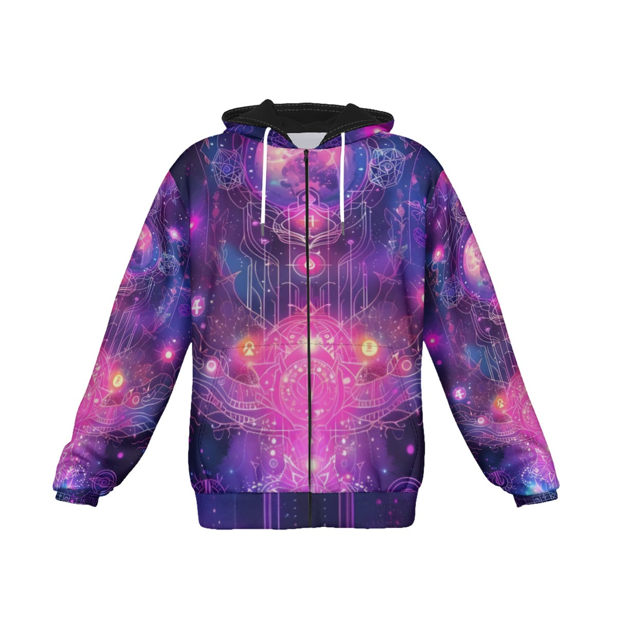 Cosmic Mysticism Zip Hoodie, Celestial Portal Energy Zip Hoodie, Astral Light Symbol Hoodie, Vibrant Metaphysical Galaxy Zip Hoodie, Spiritual Geometry Zip Hoodie