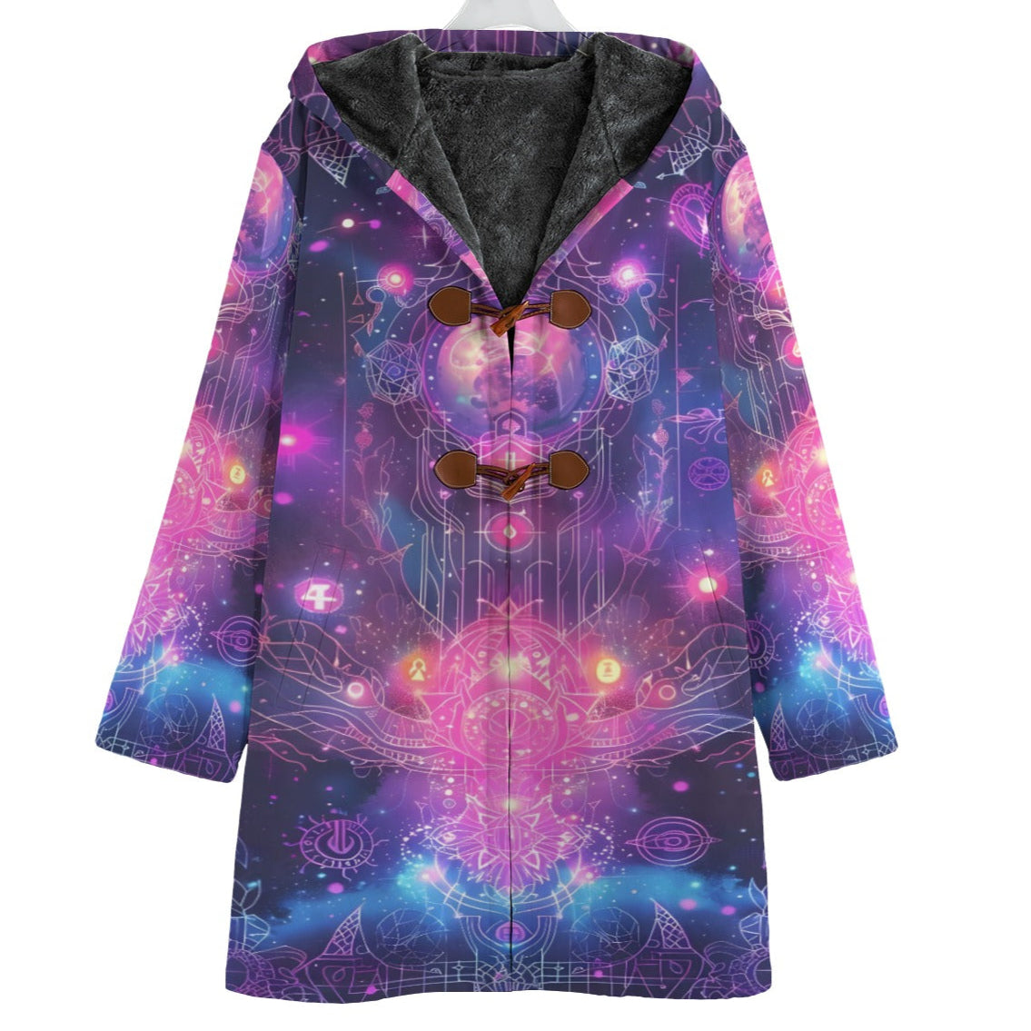 Cosmic Mysticism Coat, Galaxy Print Jacket, Psychedelic Outerwear, Magic Symbols Hooded Coat, Spiritual Festival Wear, Boho Mystic Clothing, Warm Fleece Lined Coat