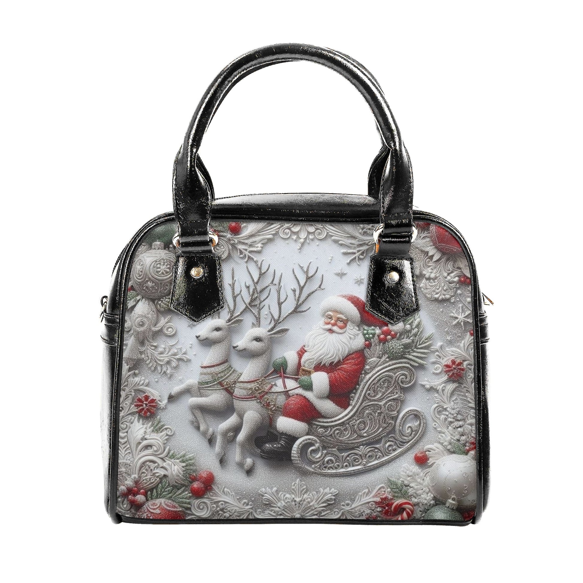 Santa Sleigh Ride Christmas Handbag, Vintage Holiday Purse, Reindeer & Snowflake Print Tote Bag, Christmas Gift for Her