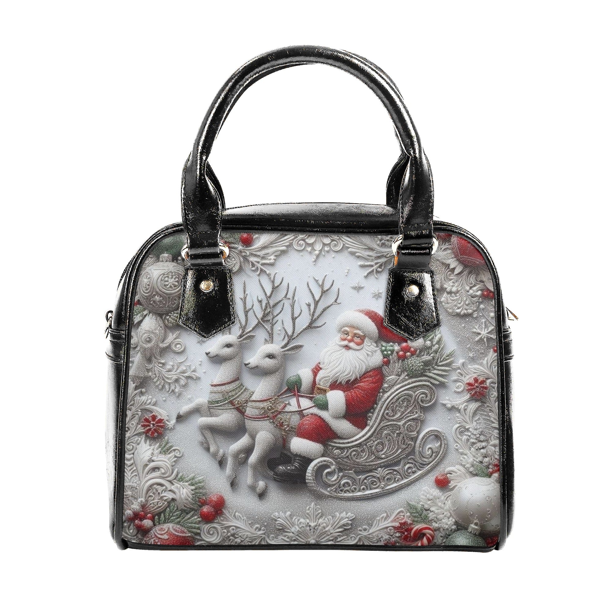 Santa Sleigh Ride Christmas Handbag, Vintage Holiday Purse, Reindeer & Snowflake Print Tote Bag, Christmas Gift for Her