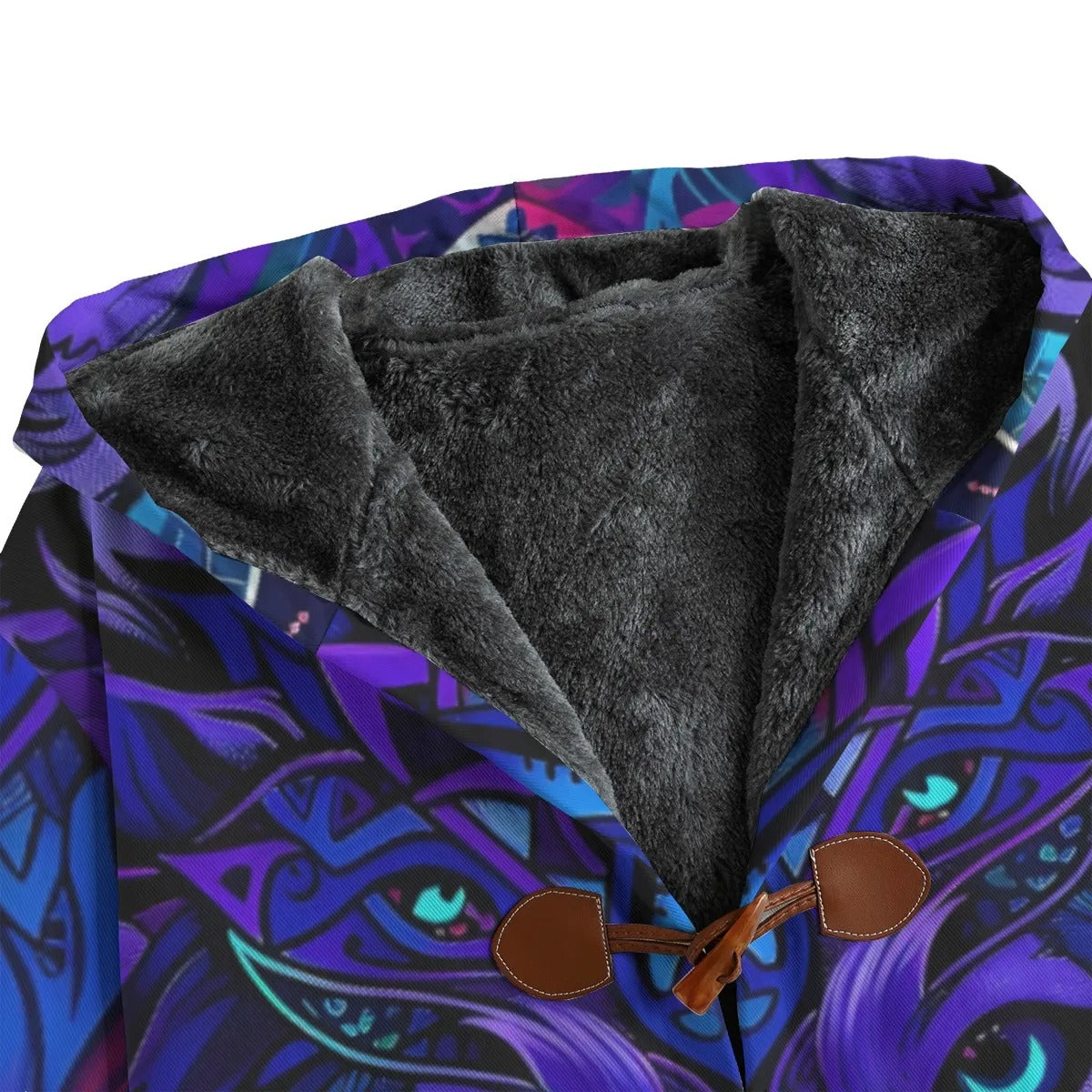 Wolf Mandala Hoodie Coat, Boho Tribal Wolf Cloak, Purple Spiritual Animal Jacket, Warm Fleece Lined Winter Wear