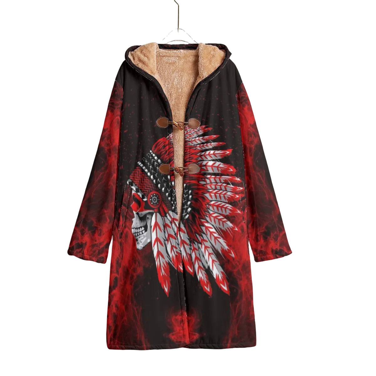 Native American Skull Cloak, Red Feather Headdress Cape, Tribal Gothic Hooded Cloak, Red Smoke Graphic Wear, Warrior Biker Style