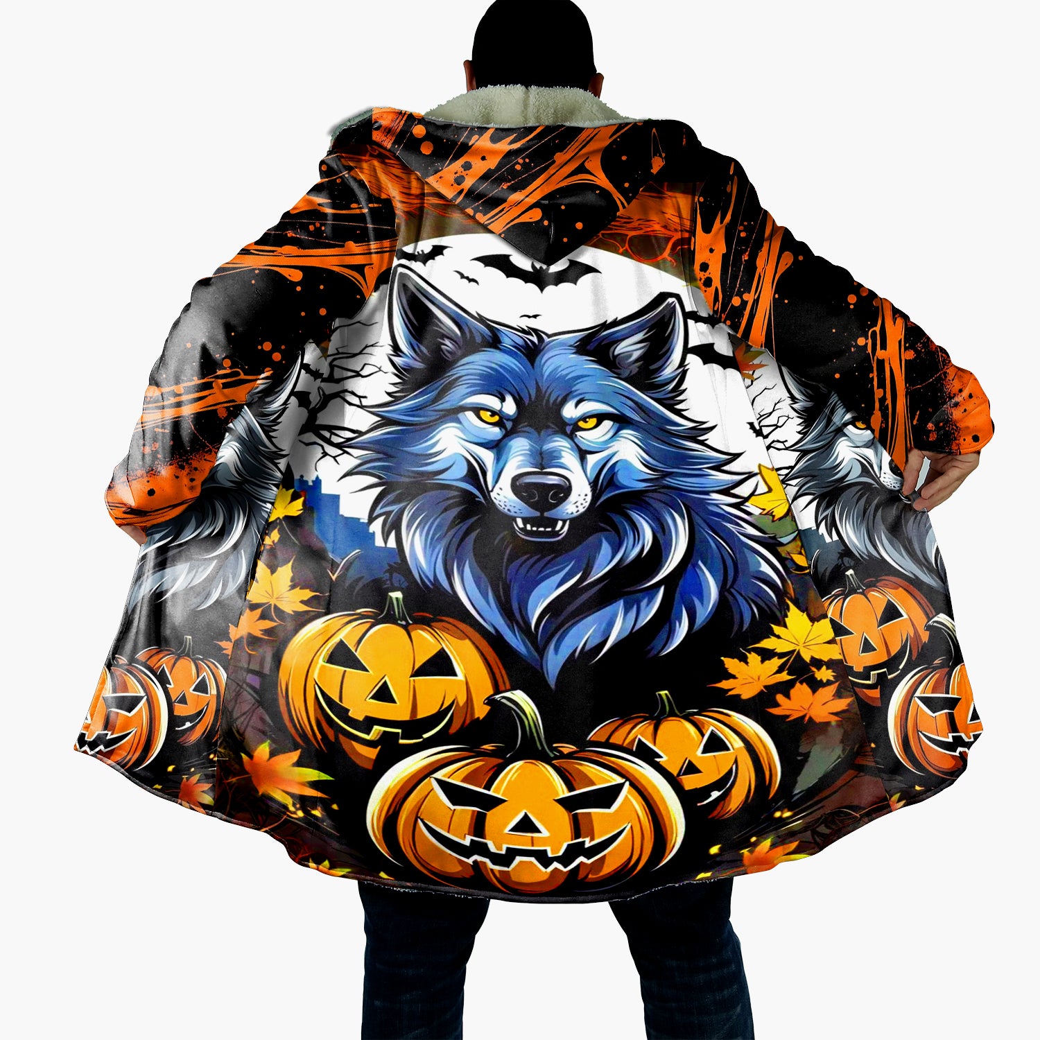 Howling Halloween Night Wolf Cloak, Spooky Pumpkin Bat Hooded Cape, Gothic Halloween Costume, Autumn Wolf Festival Wear