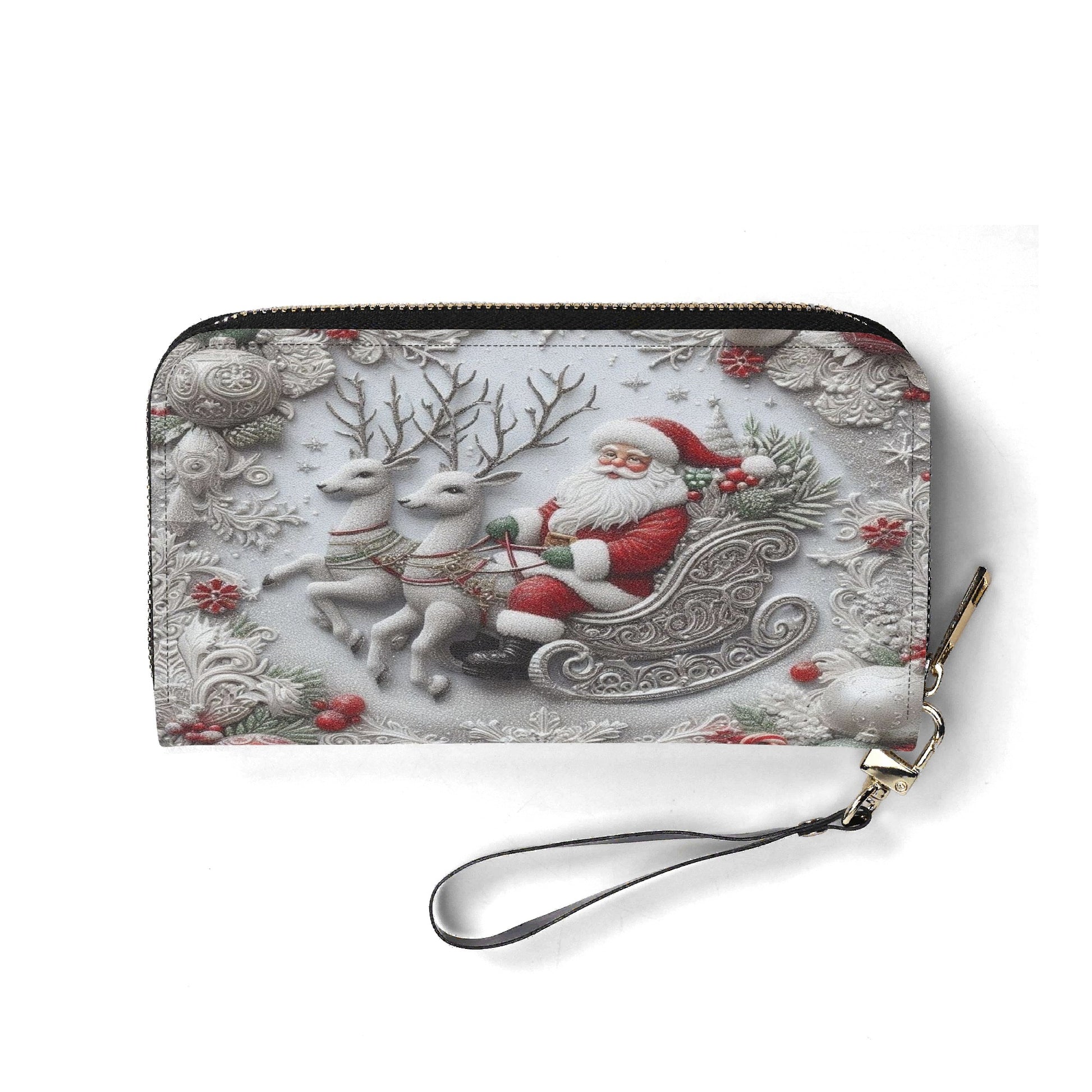 Santa Sleigh Ride Christmas Handbag, Vintage Holiday Purse, Reindeer & Snowflake Print Tote Bag, Christmas Gift for Her