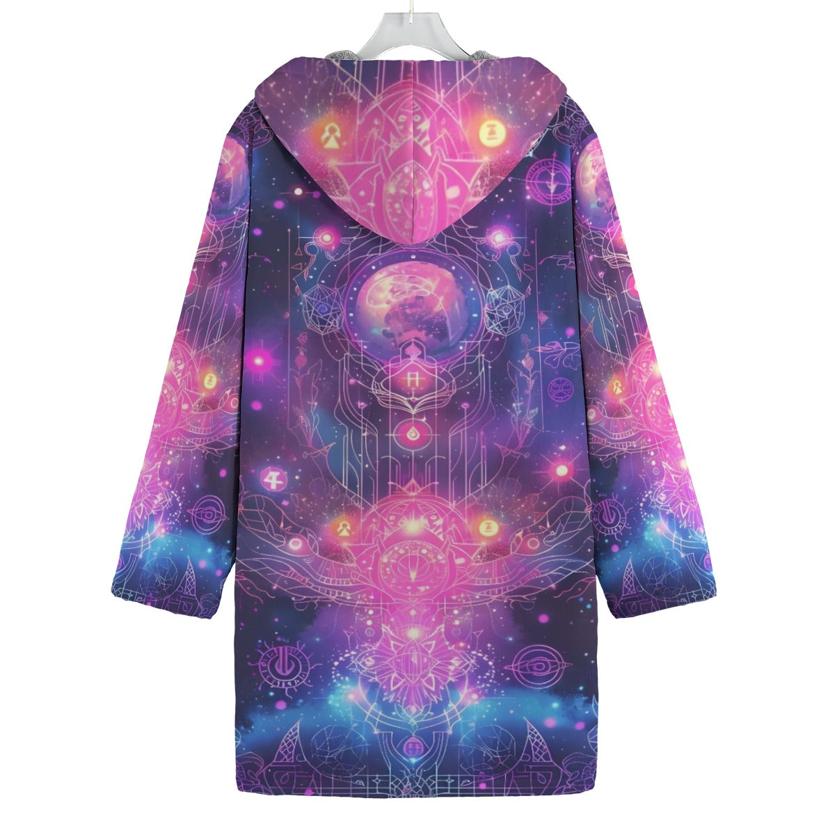 Cosmic Mysticism Coat, Galaxy Print Jacket, Psychedelic Outerwear, Magic Symbols Hooded Coat, Spiritual Festival Wear, Boho Mystic Clothing, Warm Fleece Lined Coat