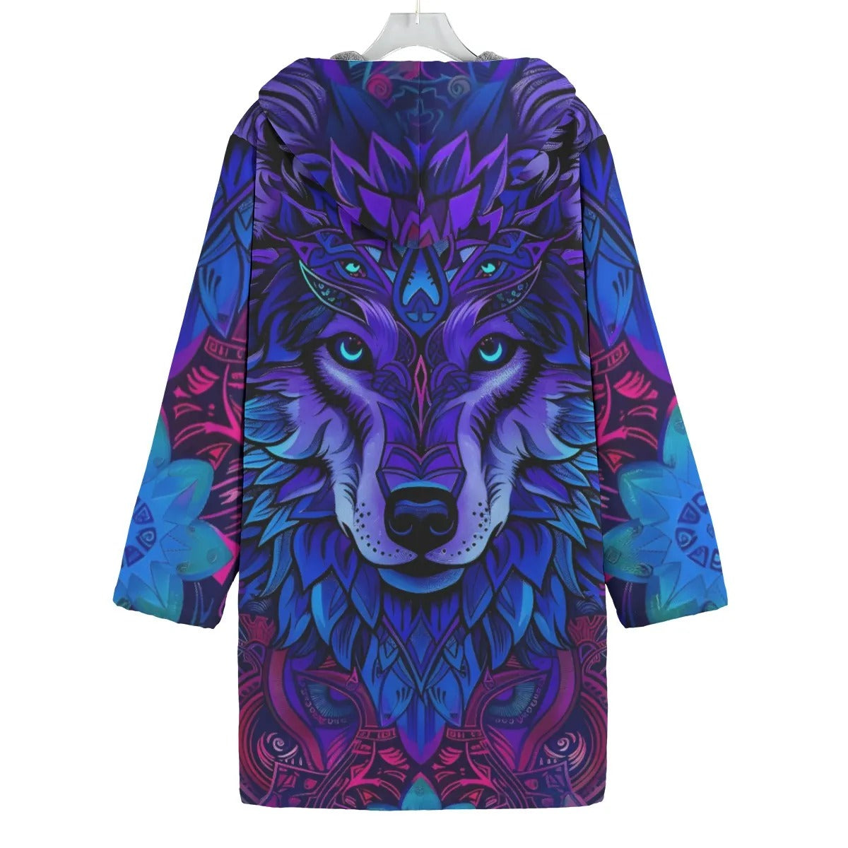 Wolf Mandala Hoodie Coat, Boho Tribal Wolf Cloak, Purple Spiritual Animal Jacket, Warm Fleece Lined Winter Wear
