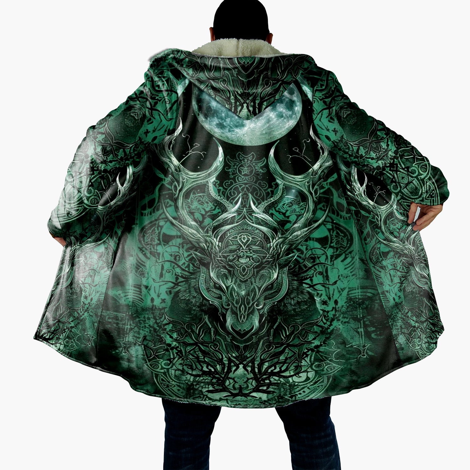 Viking Cloak with Antler Design – Warm Fleece Lined Cloak, Norse Mythology Inspired, Medieval Fantasy Cosplay, Winter Hooded Coat