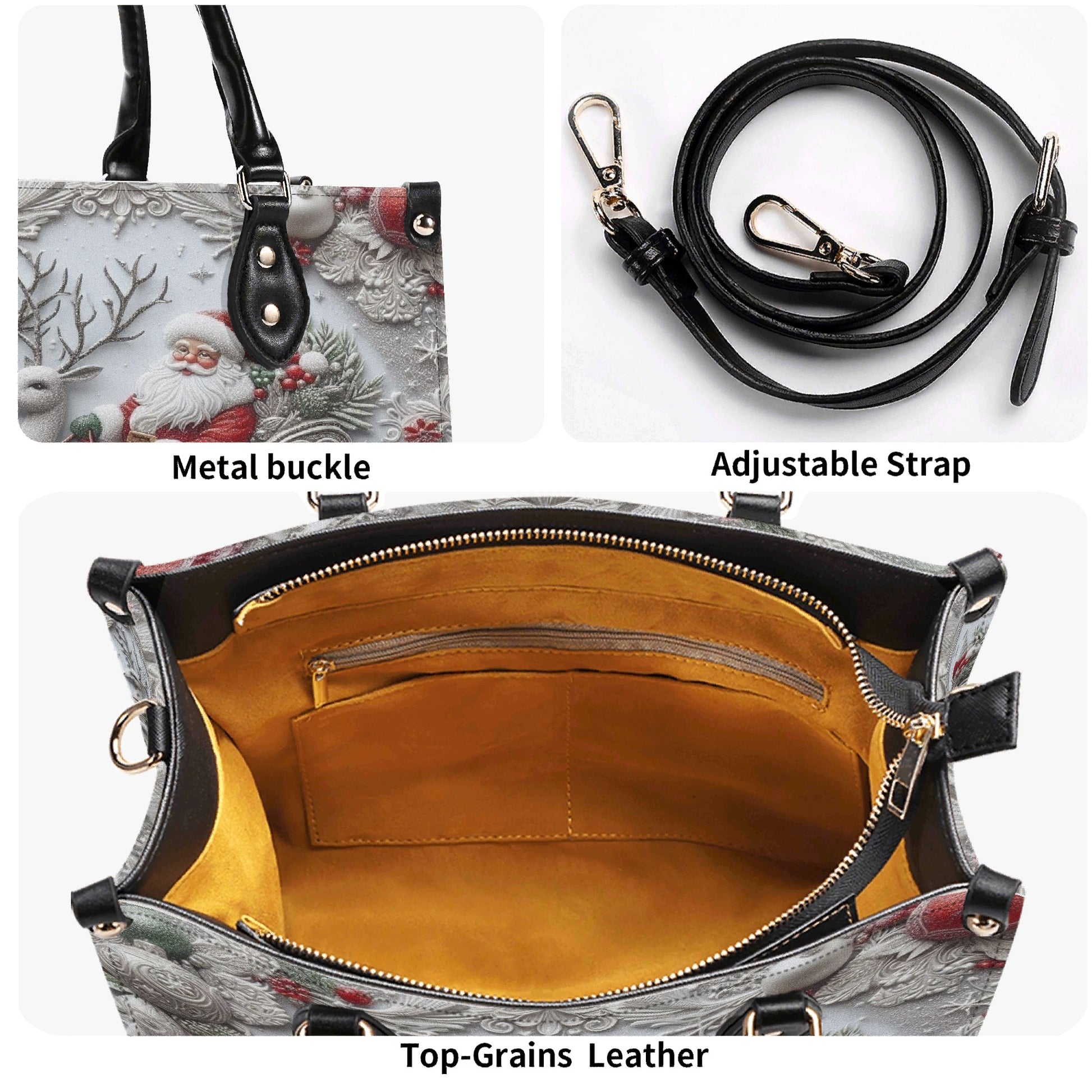 Santa Sleigh Ride Christmas Handbag, Vintage Holiday Purse, Reindeer & Snowflake Print Tote Bag, Christmas Gift for Her