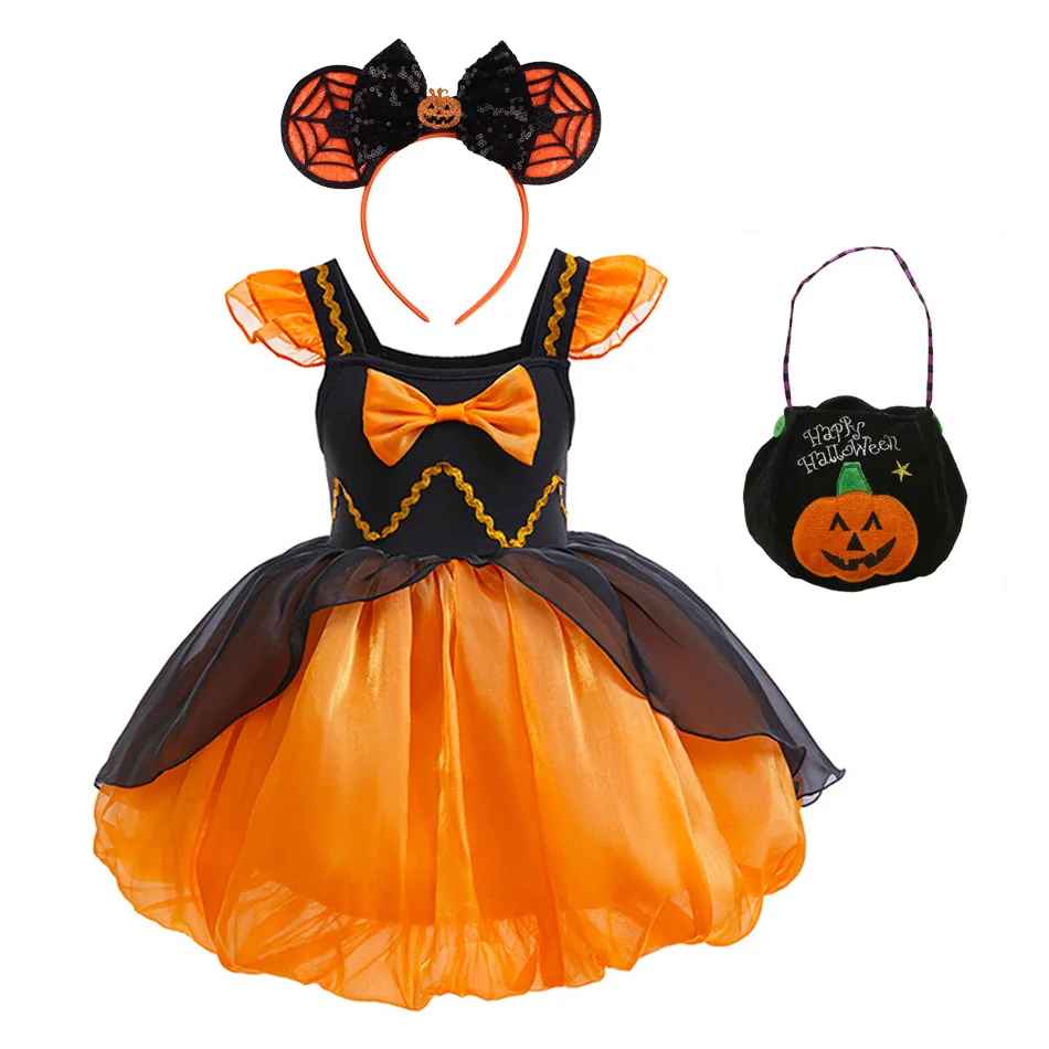 Halloween Costumes For Kids, Girls Pumpkin Halloween Costume, Cute Witch Princess Dress for Kids, Fluffy Orange Cosplay Gown