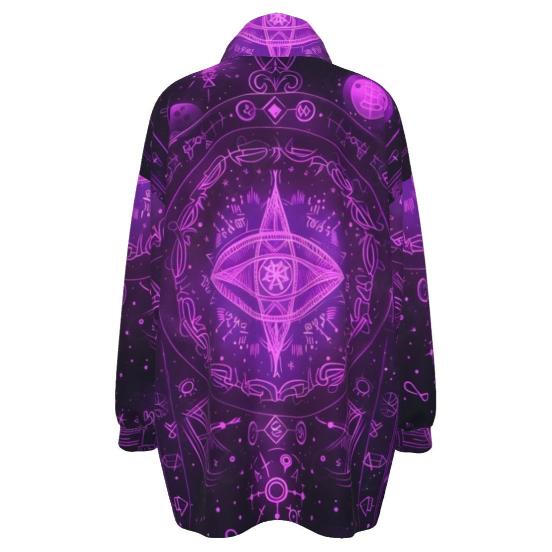 Mystical Fantasy Coats Women, Arcane Magic Symbol Coats, Witchcore Celestial Light Coats, Vibrant Occult Energy Coats, Esoteric Purple Spell Coats