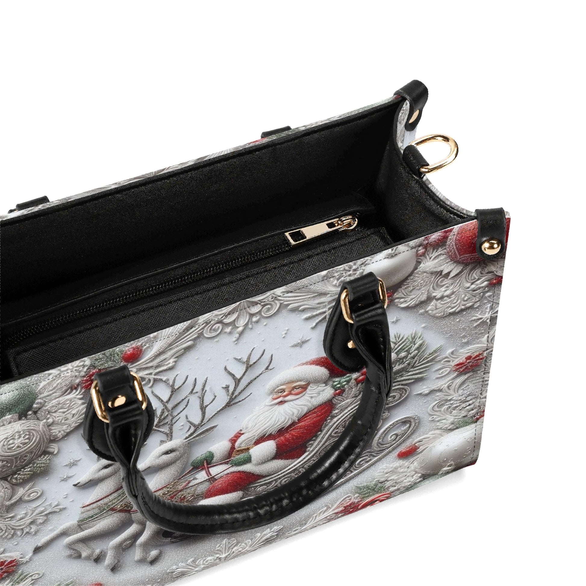 Santa Sleigh Ride Christmas Handbag, Vintage Holiday Purse, Reindeer & Snowflake Print Tote Bag, Christmas Gift for Her