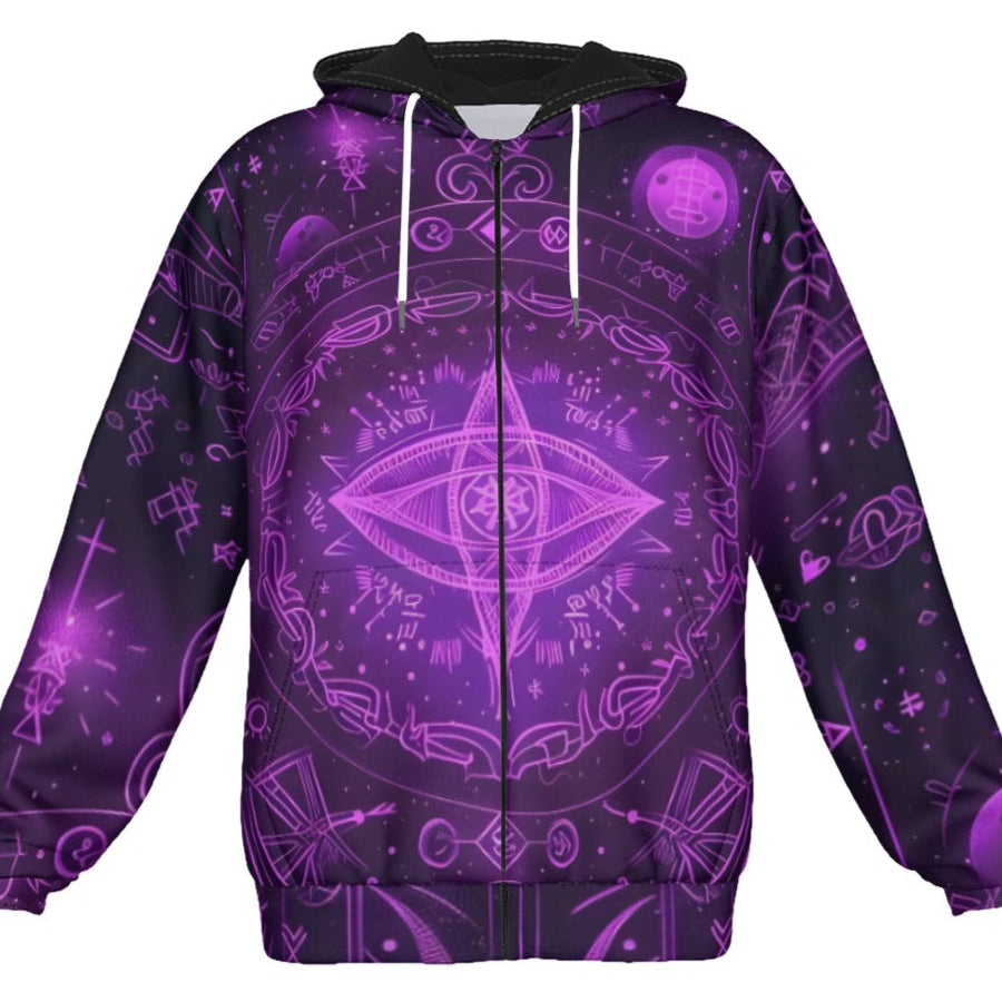 Mystical Fantasy Zip Hoodie, Arcane Magic Symbol Zip Hoodie, Witchcore Celestial Light Zip Hoodie, Vibrant Occult Energy Zip Hoodie, Esoteric Purple Spell Zip Hoodie