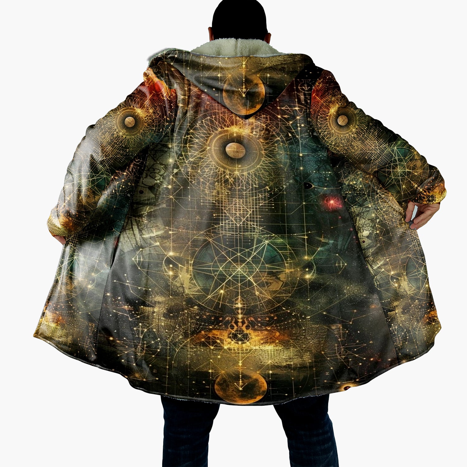 Celestial Alchemy Cloak, Sacred Geometry Hooded Cape, Mystic Festival Witch Robe,  Moon and Star Cloak, Trippy Spiritual Outerwear