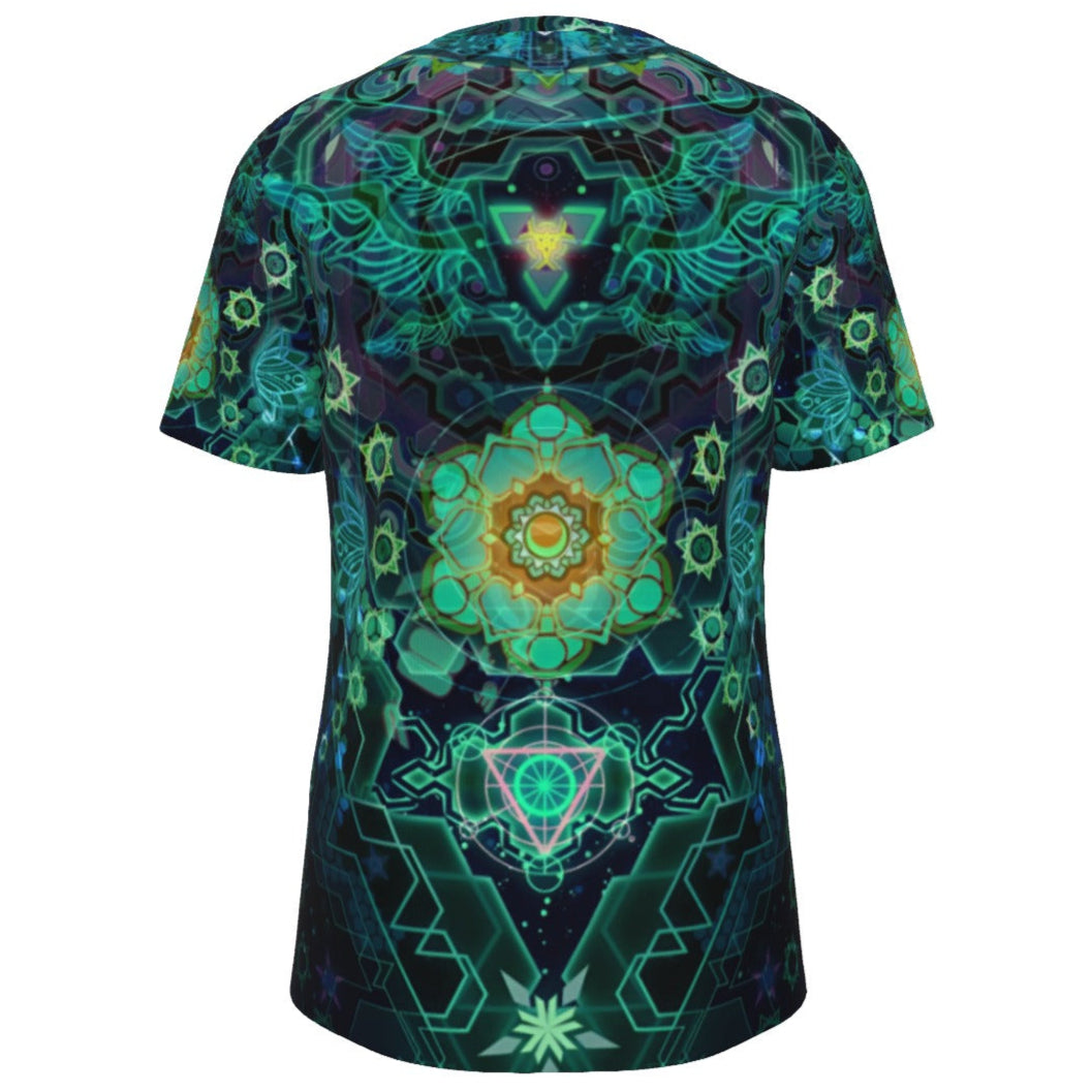 Yantric Geometry T-Shirt, Sacred Mandala Energy Coats, Mystic Geometric Light T-Shirt, Vibrant Spiritual Pattern T-Shirt, Celestial Yantra T-Shirt