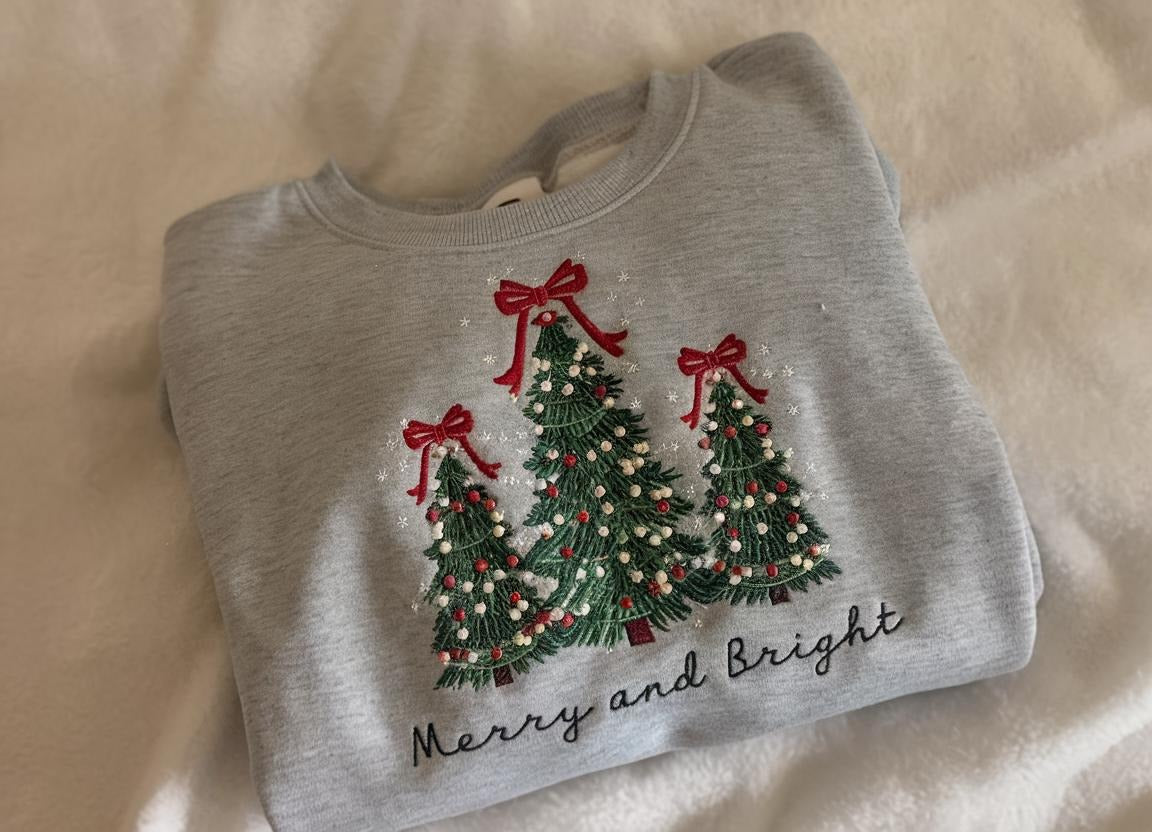 Merry and Bright Embroidered Sweatshirts, Holiday Sweater, Christmas Tree Sweater, Pine-tree Sweatshirt, Gingerbread, Piny SweatshirtEBAC49
