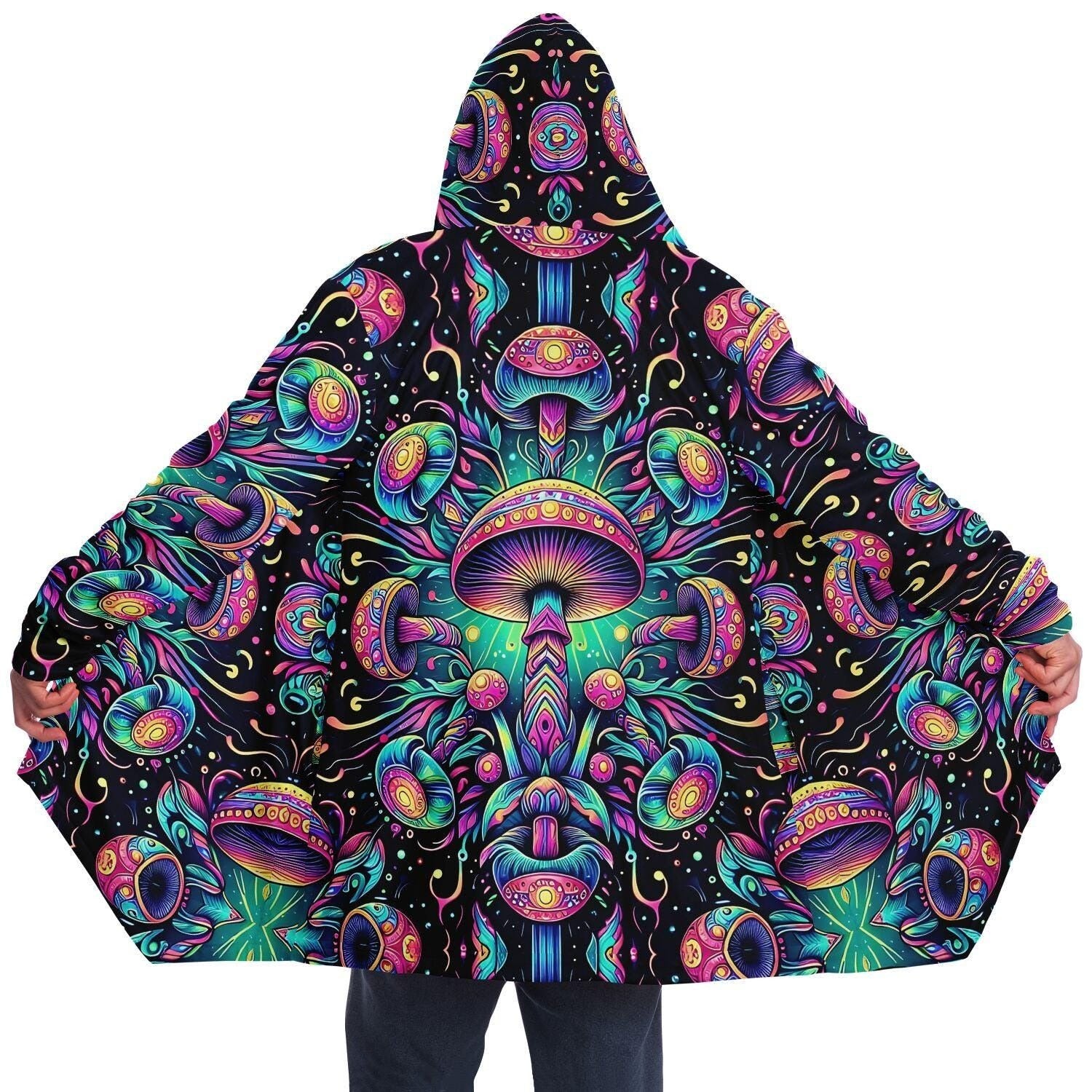 Psychedelic Mushrooms Rave Festival Cloak, Fleece Festival Coat, Cloak With Hood, Rave Cloak, Rave Wear, Cloak Pattern