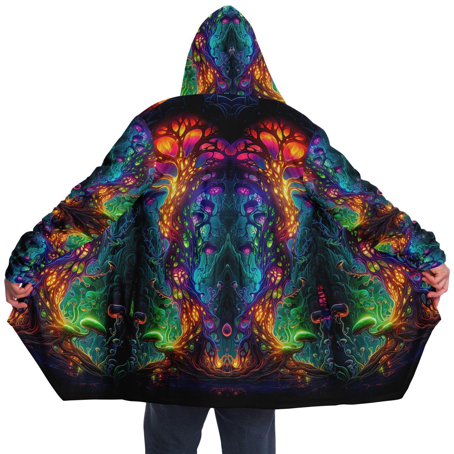 Trippy Mushroom HOODED CLOAK, Psychedelic Fungus Festival Hoodie, Vibrant Neon Rave Jacket, Colorful Festival Coat, Wizard Robe, Cape