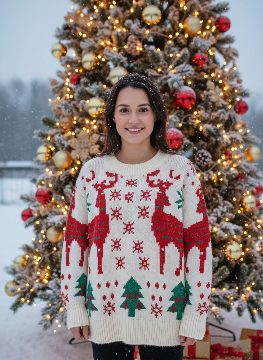 Ugly Christmas Sweater Women, Festive Reindeer and Tree Knit Pullover, Funny Holiday Party Outfit