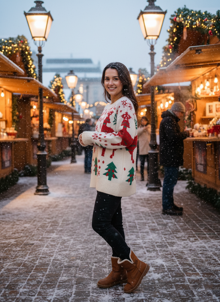 Ugly Christmas Sweater Women, Festive Reindeer and Tree Knit Pullover, Funny Holiday Party Outfit