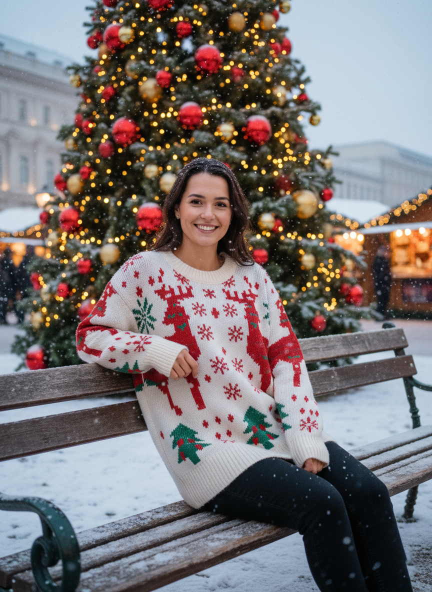 Ugly Christmas Sweater Women, Festive Reindeer and Tree Knit Pullover, Funny Holiday Party Outfit